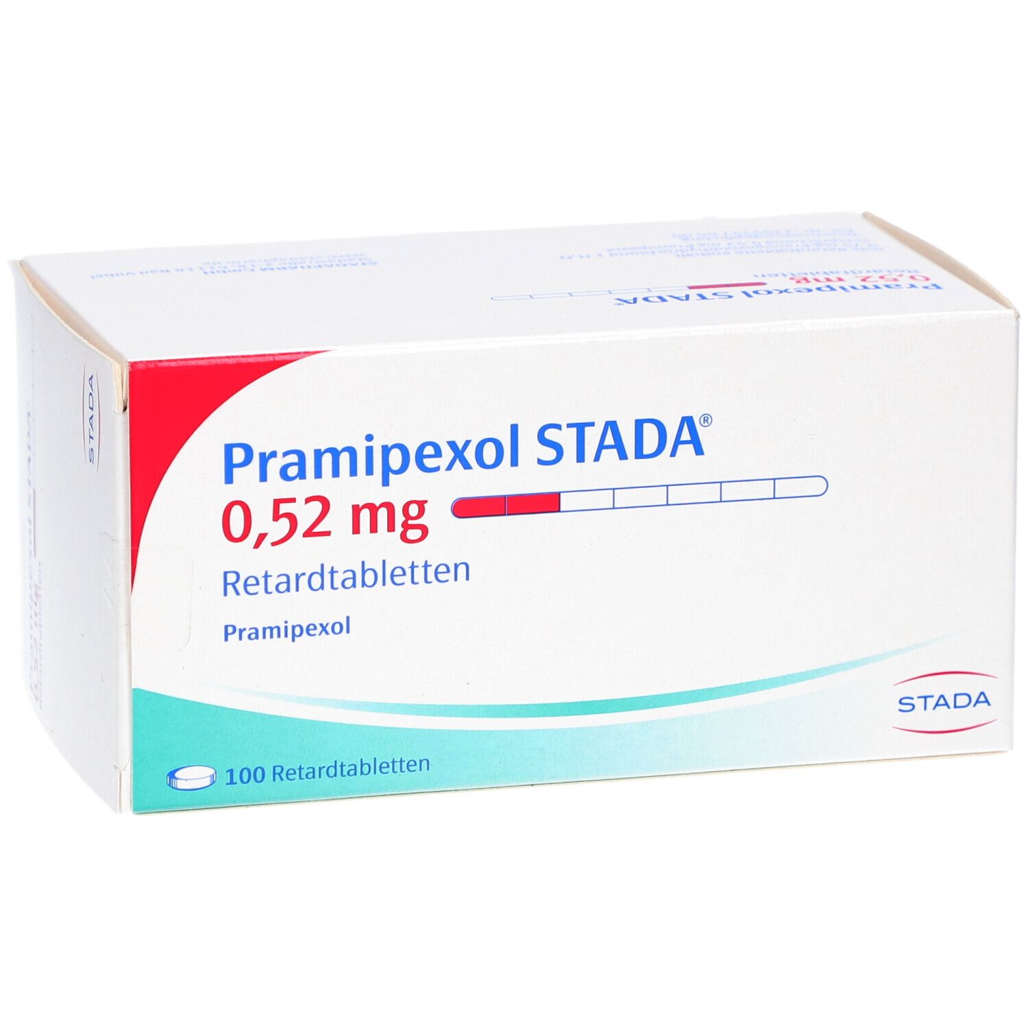 Weiße Schachtel mit roter und blauer Beschriftung. Aufschrift: PRAMIPEXOL STADA 0,52 mg Retardtabletten. 100 Retardtabletten.