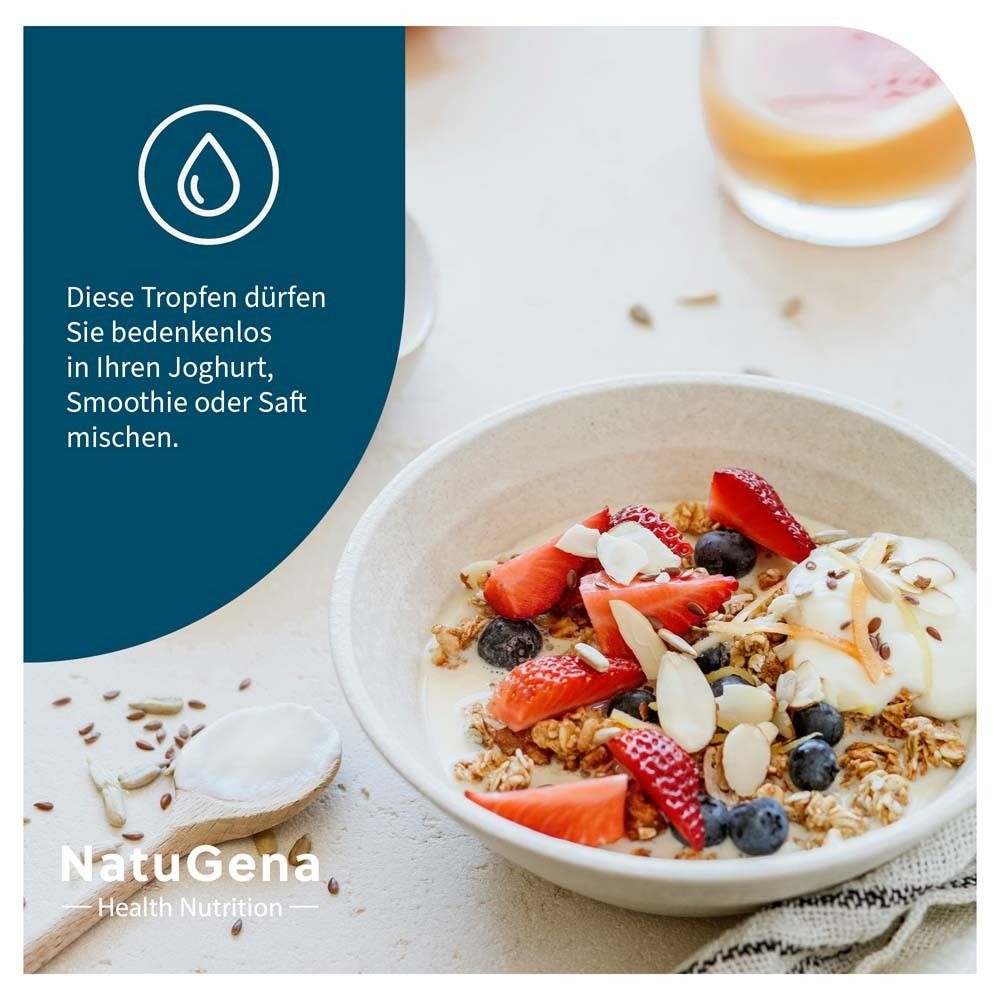 Schüssel mit Müsli, Beeren, Samen. Tropfen-Symbol. Text: in Joghurt, Smoothie oder Saft mischen.