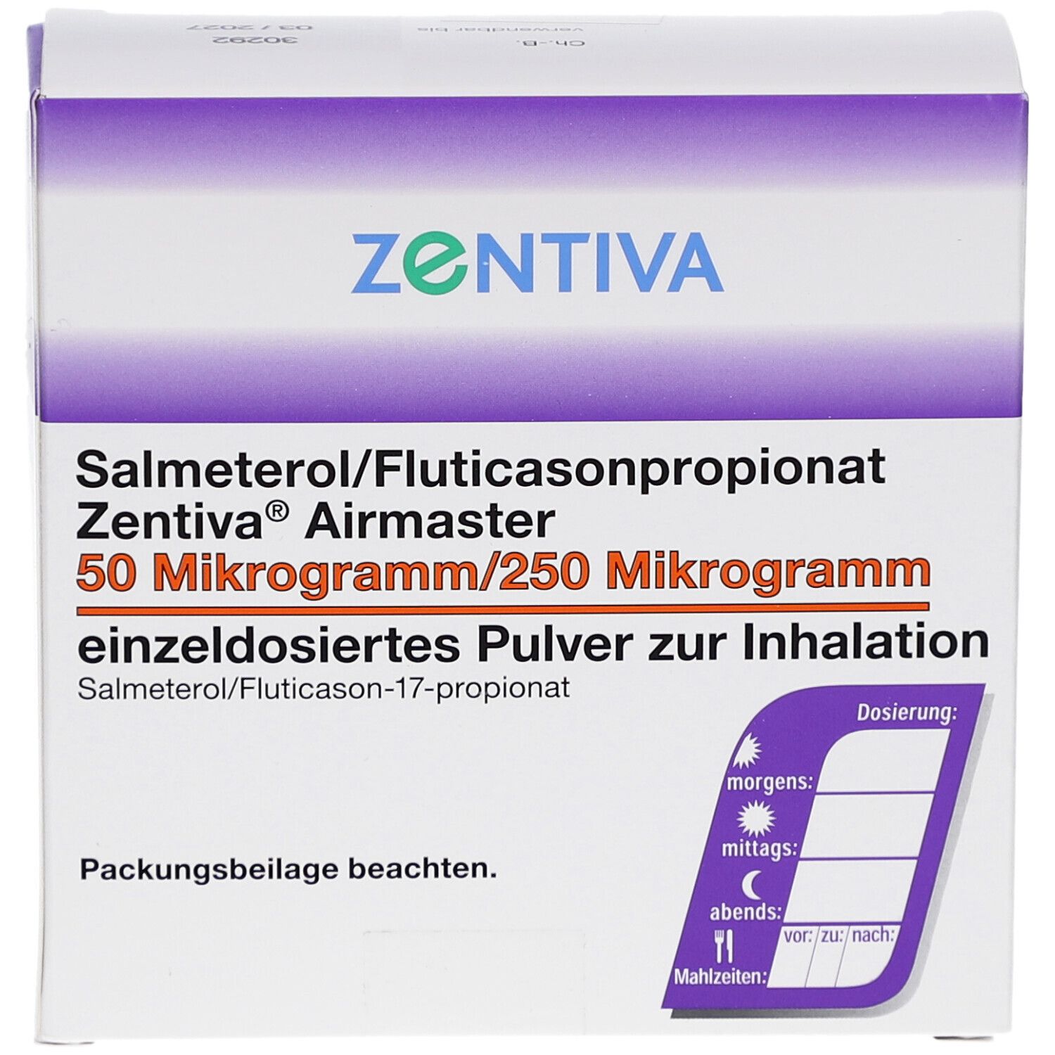 Weiß-lila Schachtel. Aufschrift: ZENTIVA, Salmeterol/Fluticasonpropionat, 50 Mikrogramm/250 Mikrogramm. Einzeldosiertes Pulver zur Inhalation. Dosierungsschema.