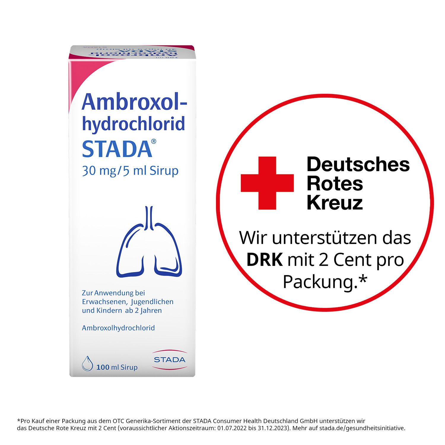 Ambroxolhydrochlorid STADA® 30 mg/5 ml Sirup. Weiße Schachtel mit rotem Akzent. Rotes Kreuz Logo. Text: Deutsches Rotes Kreuz.