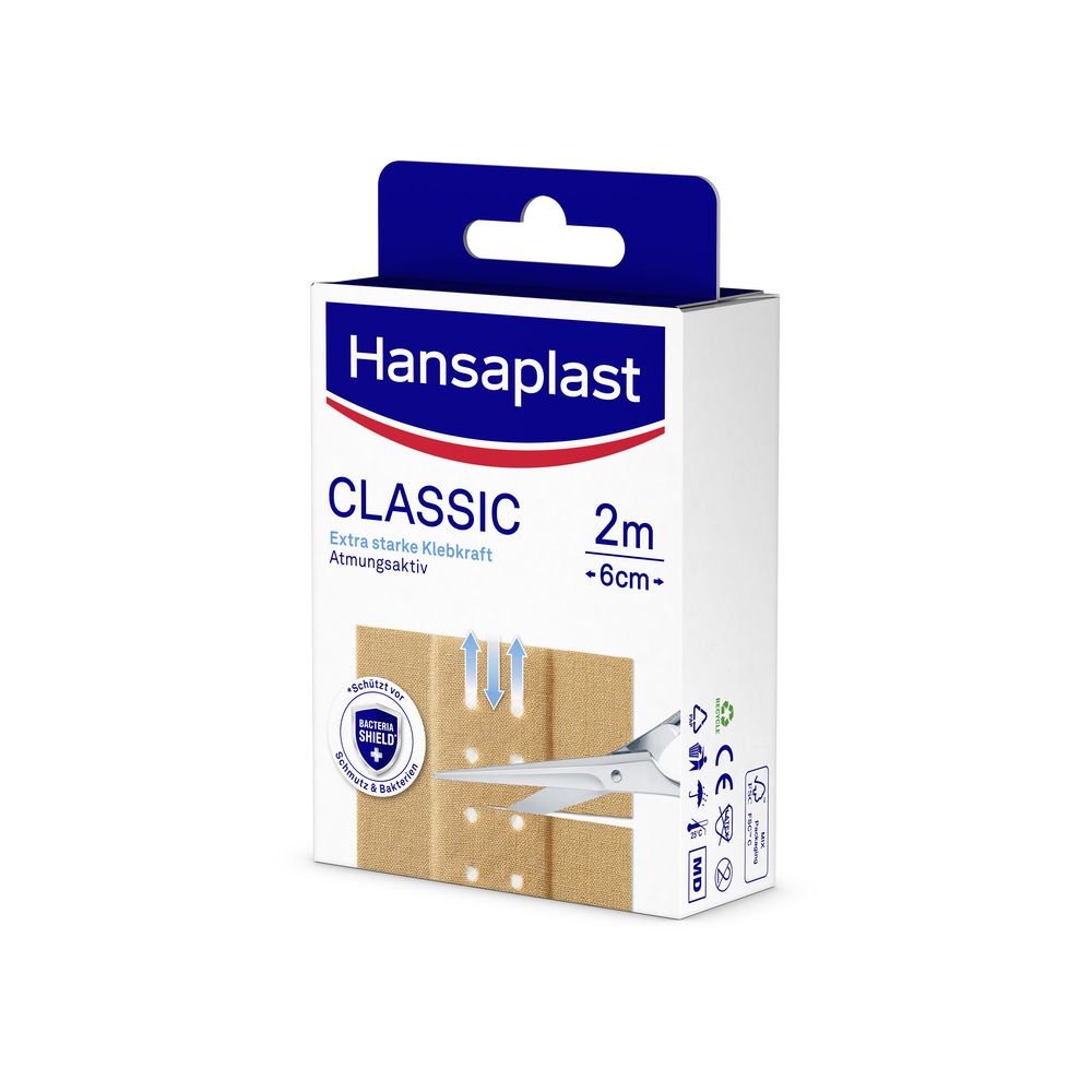 Hansaplast Classic Packung. Extra starke Klebkraft. Atmungsaktiv. Schere und Pflaster.