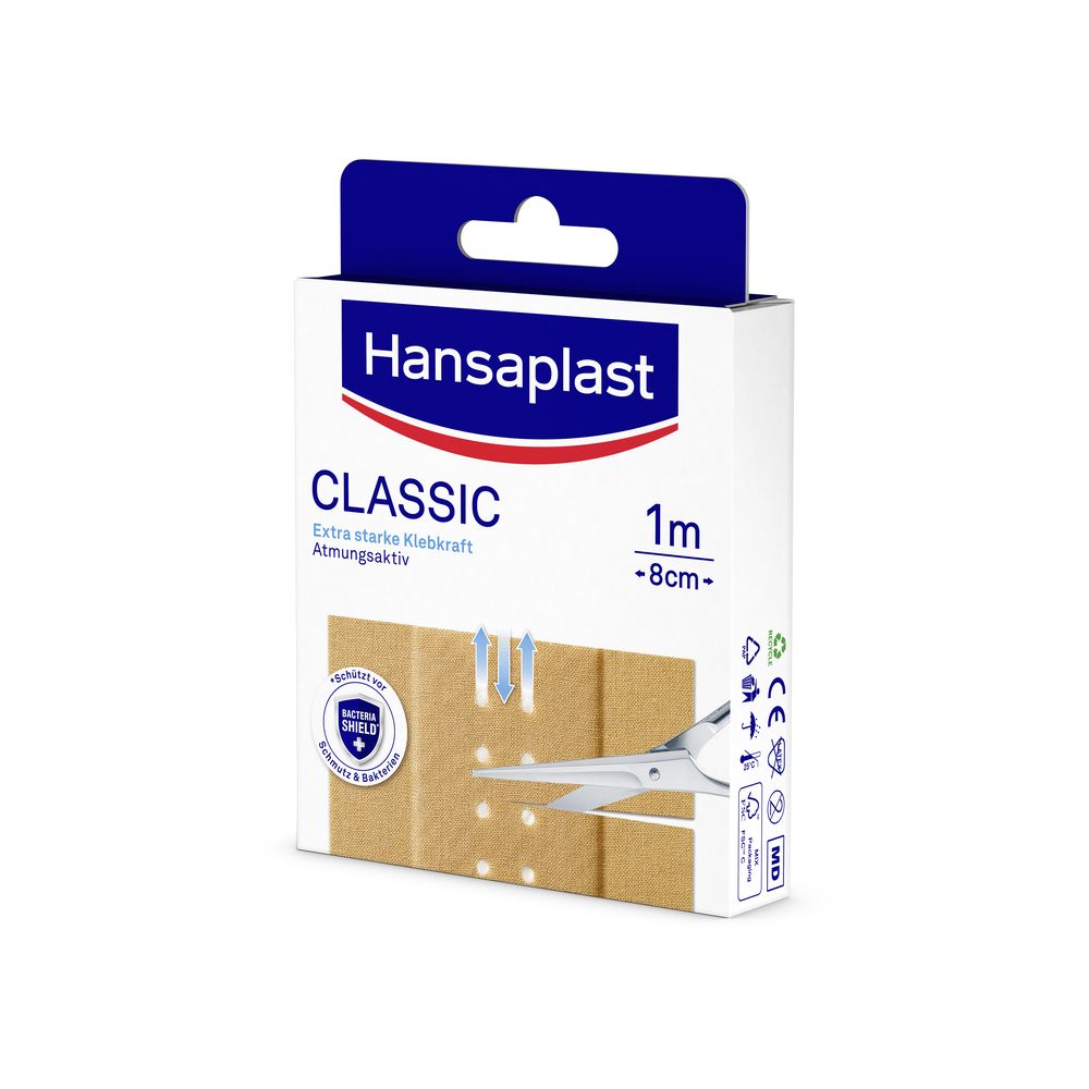 Hansaplast Classic Pflasterpackung. Aufschrift: Classic, 1m -8cm, Extra starke Klebkraft, Atmungsaktiv. Mit Schere.