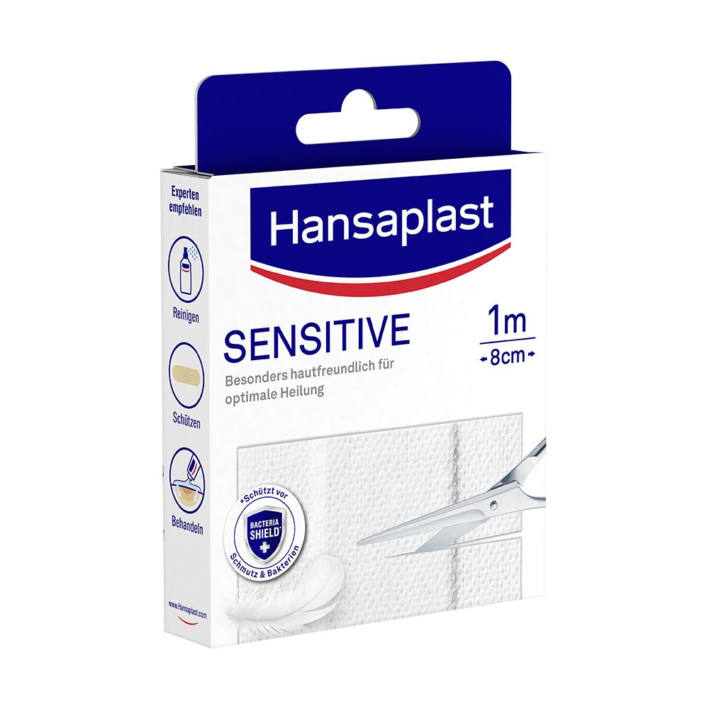 Verpackung Hansaplast Sensitive Pflaster. Text: Sensitive, 1m x 8cm, Bacteria Shield.