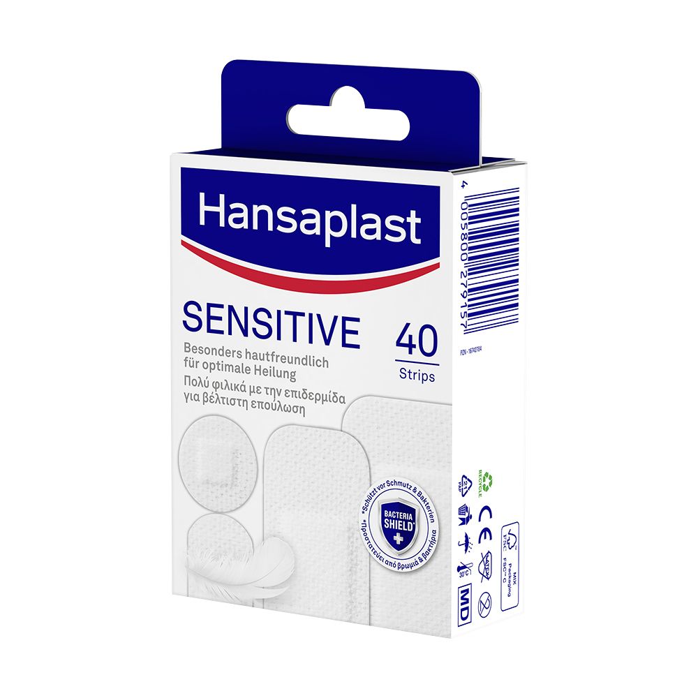 Hansaplast Sensitive Pflaster-Packung. 40 Strips. Weiße Pflaster mit blauem Logo. Text: Sensitive, besonders hautfreundlich.