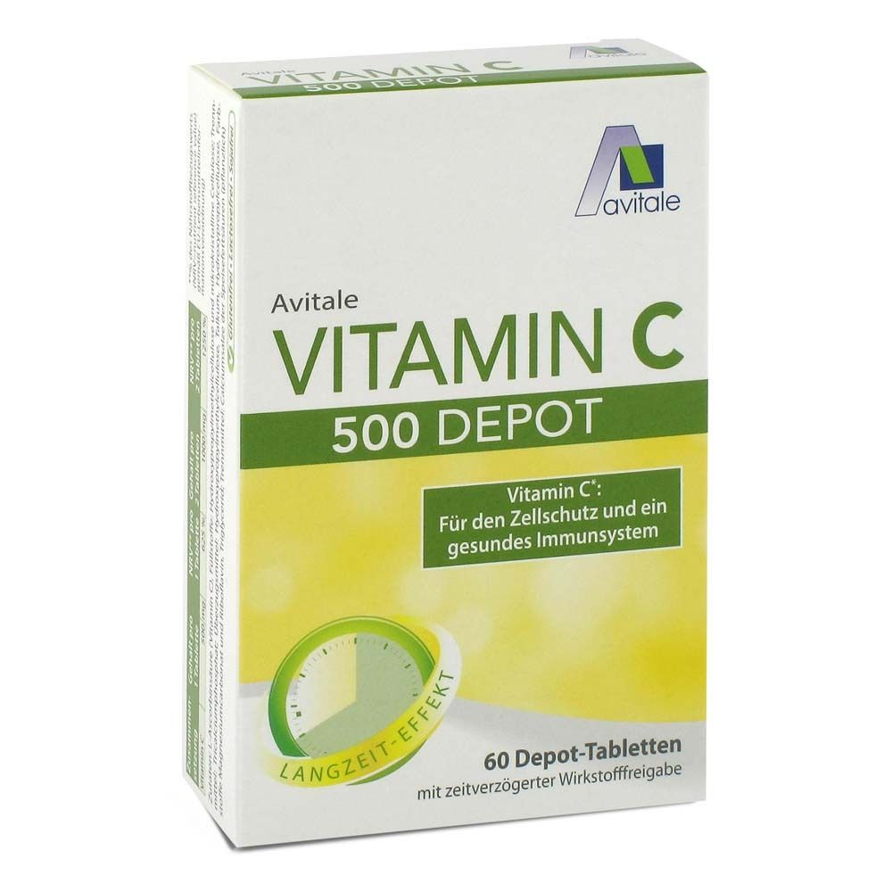 Avitale Vitamin C 500 Depot-Tabletten. Weiße Schachtel mit grünen und gelben Akzenten. Enthält 60 Tabletten.