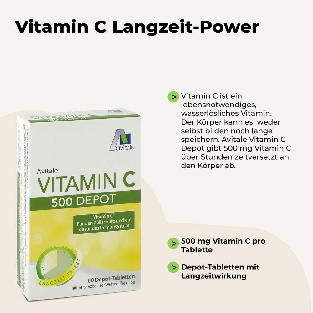 Avitale Vitamin C 500 Depot-Tabletten. Text: Vitamin C Langzeit-Power. 60 Depot-Tabletten. Text über Vitamin C.