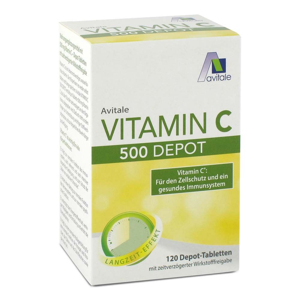 Avitale Vitamin C 500 Depot. Weiße Schachtel mit grünen und gelben Akzenten. Enthält 120 Depot-Tabletten.