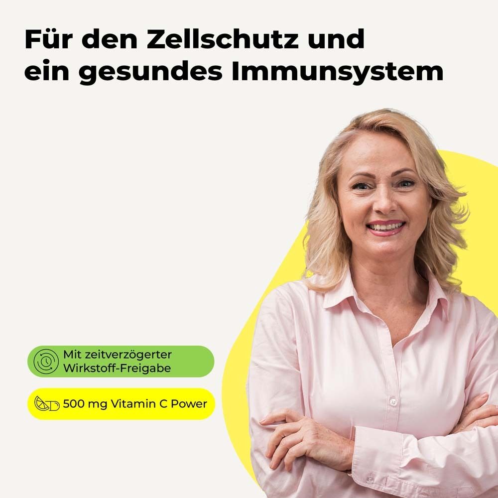 Frau lächelt. Text: Für den Zellschutz und ein gesundes Immunsystem. 500 mg Vitamin C Power. Mit zeitverzögerter Wirkstoff-Freigabe.