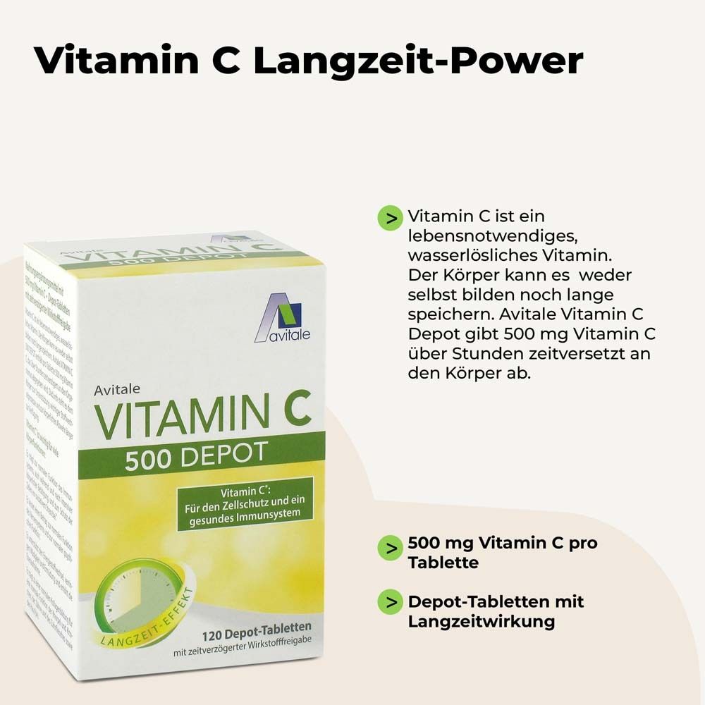 Avitale Vitamin C 500 Depot-Packung. Text: Vitamin C Langzeit-Power. 500 mg Vitamin C pro Tablette. Depot-Tabletten mit Langzeitwirkung.