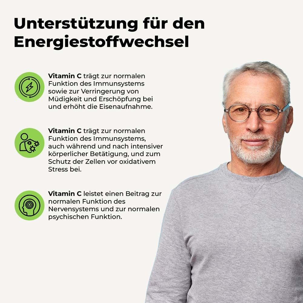 Mann mit Brille. Text: Unterstützung für den Energiestoffwechsel. Vitamin C für Immunsystem, Müdigkeit, Eisenaufnahme, Nerven- und Psyche.