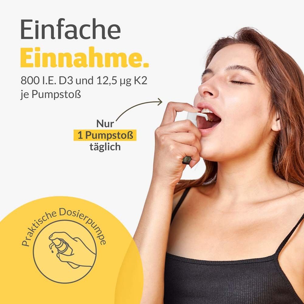 Frau öffnet Mund, sprüht mit MULTIvitDK®. Einfache Einnahme. 800 I.E. D3 und 12,5 µg K2 pro Pumpstoß. Nur 1 Pumpstoß täglich.