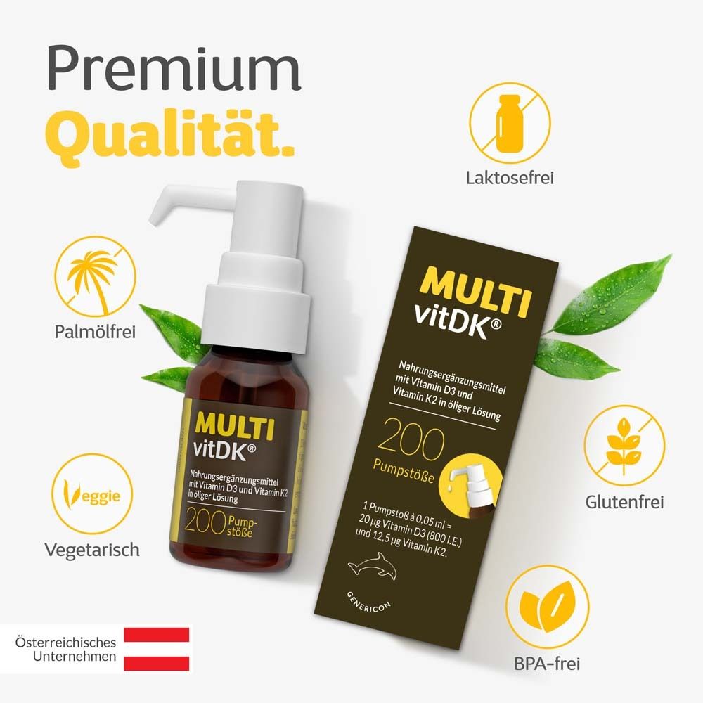 Flasche und Karton MULTIvitDK®. Premium Qualität. Glutenfrei, laktosefrei, vegetarisch, BPA-frei. Österreichisches Unternehmen.