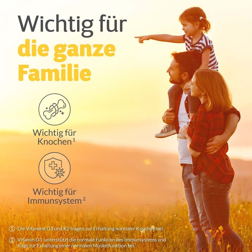 Familie mit Kind. MULTIvitDK® wichtig für Knochen und Immunsystem. Vitamin D3 und K2 für die ganze Familie.