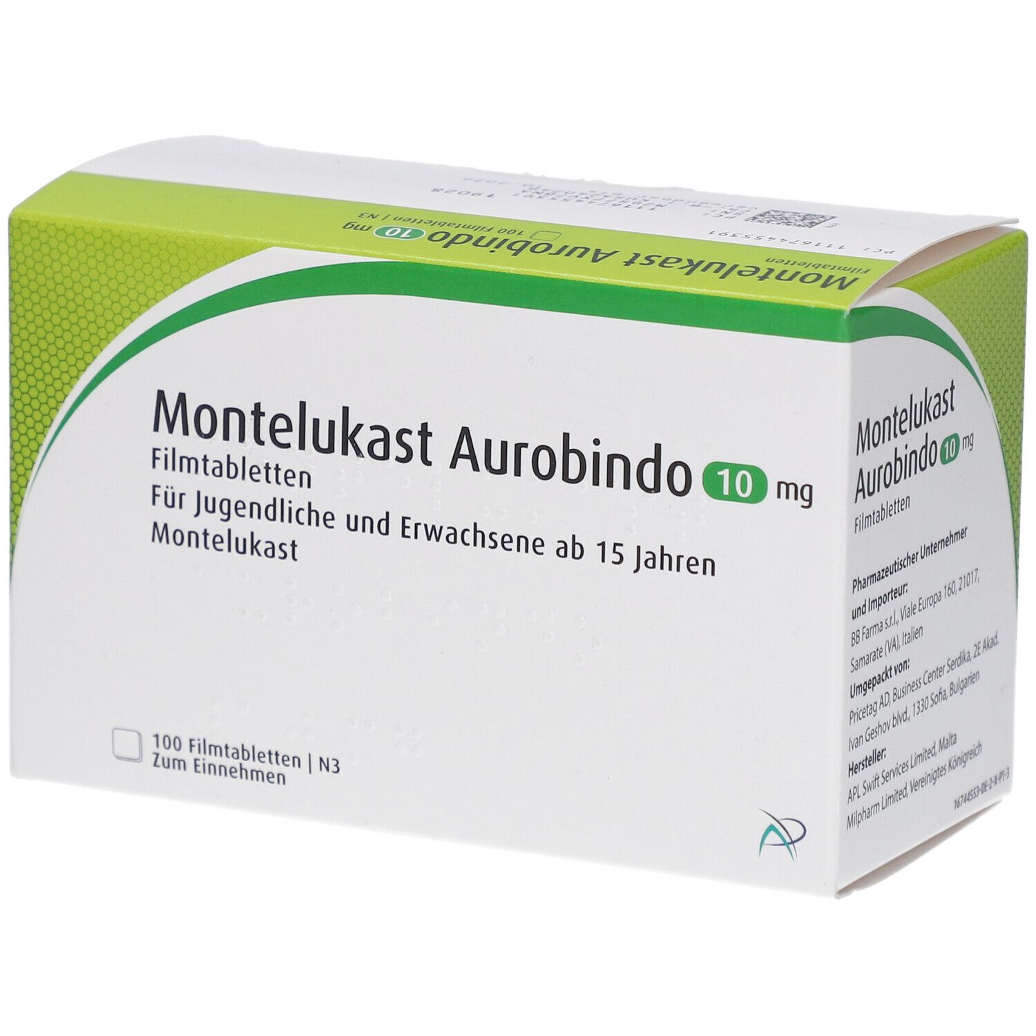Schachtel MONTELUKAST Aurobindo 10 mg Filmtabletten. Grün-weiße Verpackung. Text: 100 Filmtabletten, für Jugendliche ab 15 Jahren.