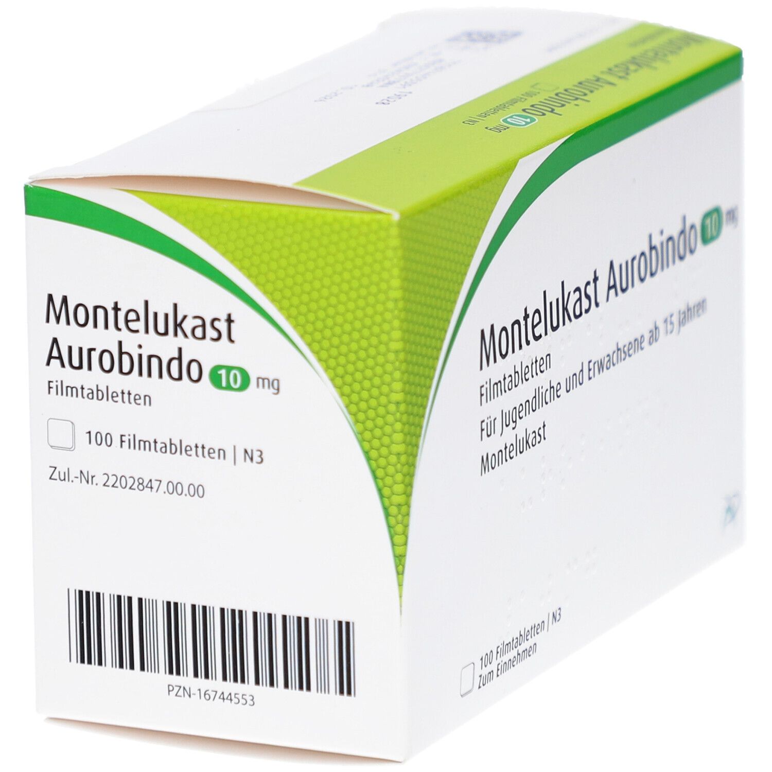 Schachtel MONTELUKAST Aurobindo 10 mg Filmtabletten. Grün-weiße Verpackung. Barcode und Text: 100 Filmtabletten.