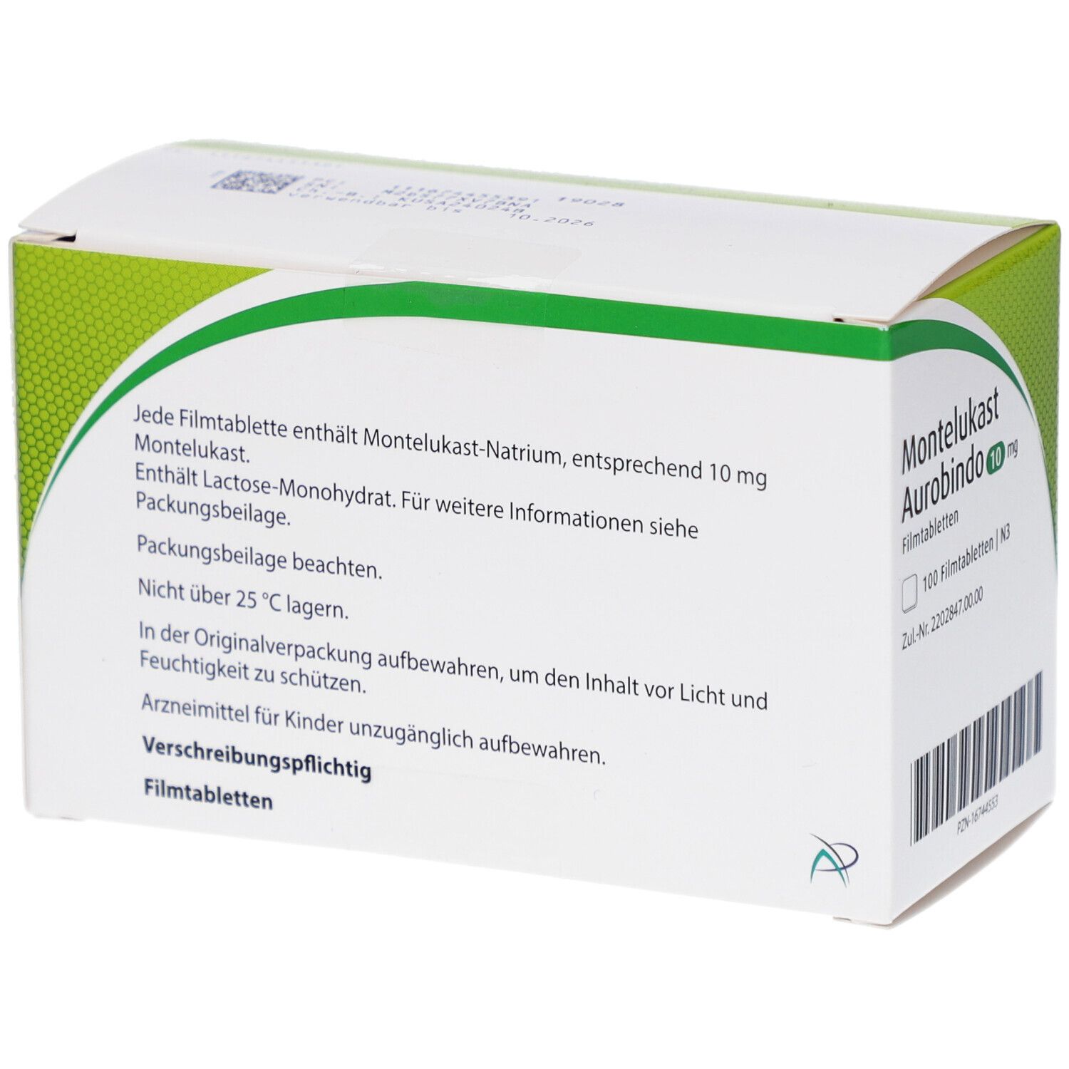 Rückseite der Schachtel MONTELUKAST Aurobindo 10 mg Filmtabletten. Text: Inhaltsstoffe, Lagerungshinweise, Herstellerinformationen.