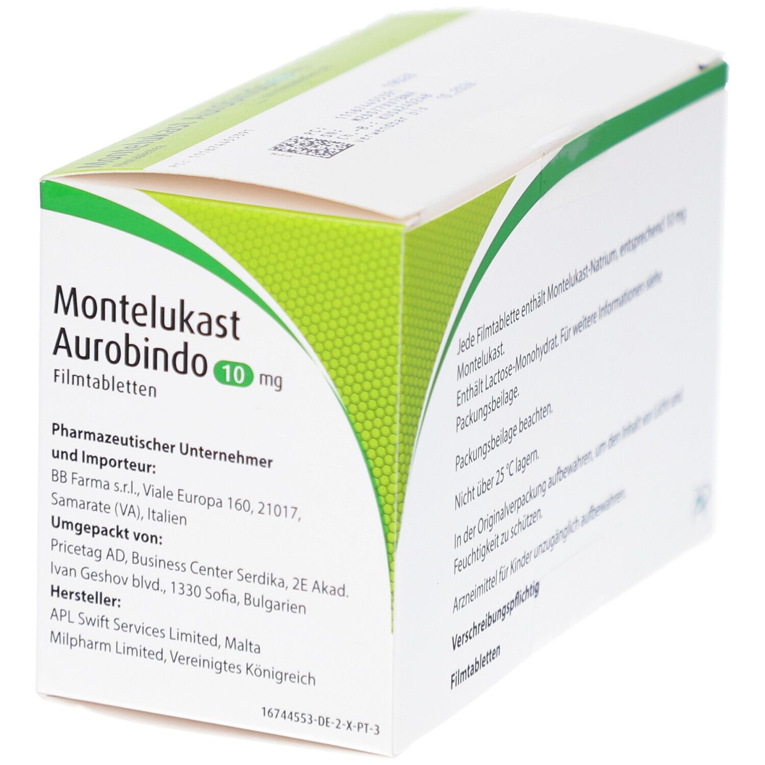 Schachtel MONTELUKAST Aurobindo 10 mg Filmtabletten. Herstellerinformationen und Importeur. Grün-weiße Verpackung.