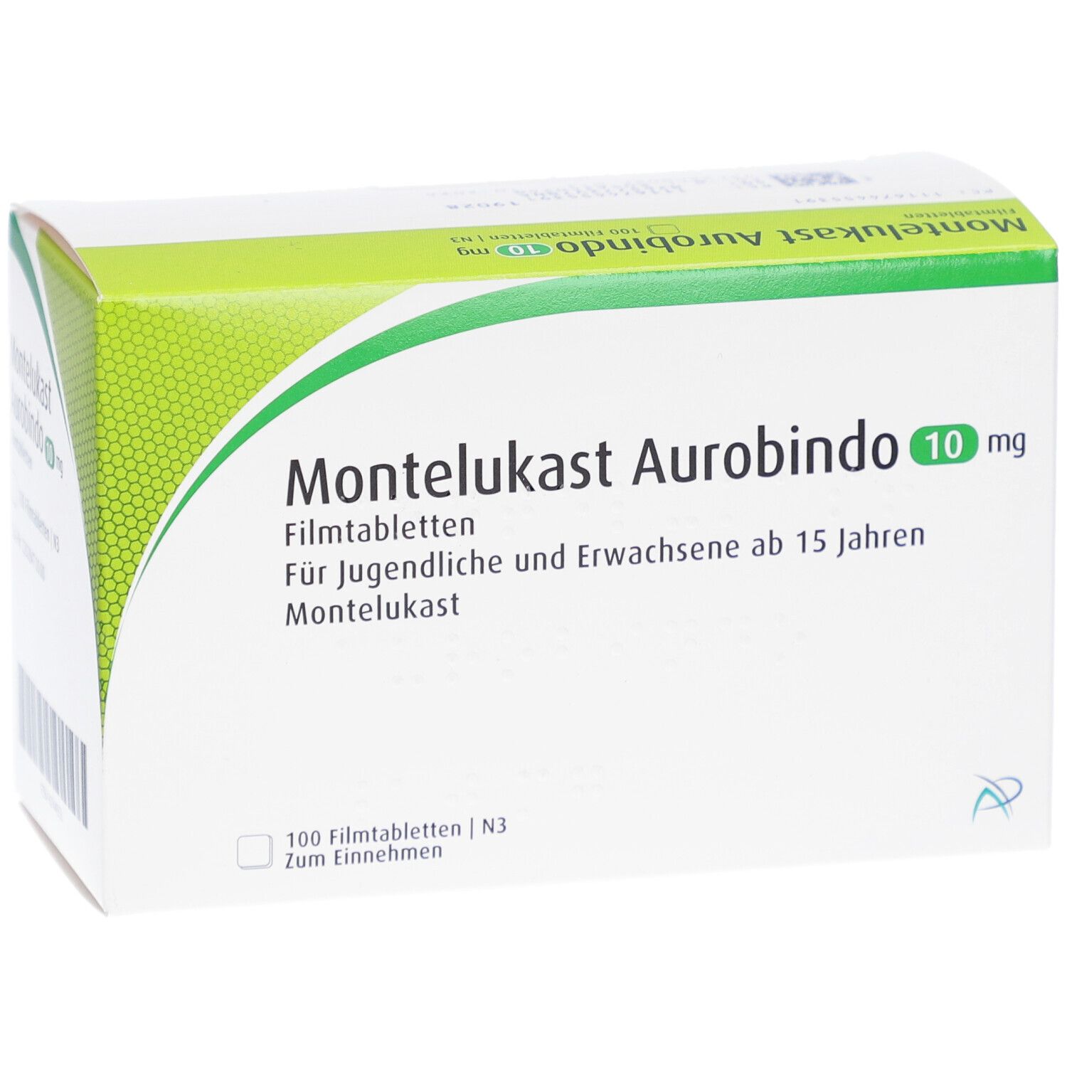 Schachtel MONTELUKAST Aurobindo 10 mg Filmtabletten. Grün-weiße Verpackung. Text: 100 Filmtabletten, für Jugendliche ab 15 Jahren.