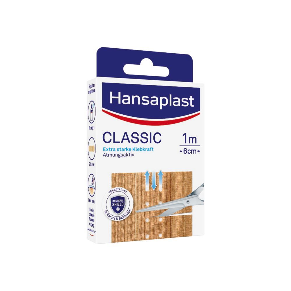Hansaplast Classic Pflaster-Packung. Enthält atmungsaktive Wundauflage. Zuschneidbar. Maße: 1m x 6cm.