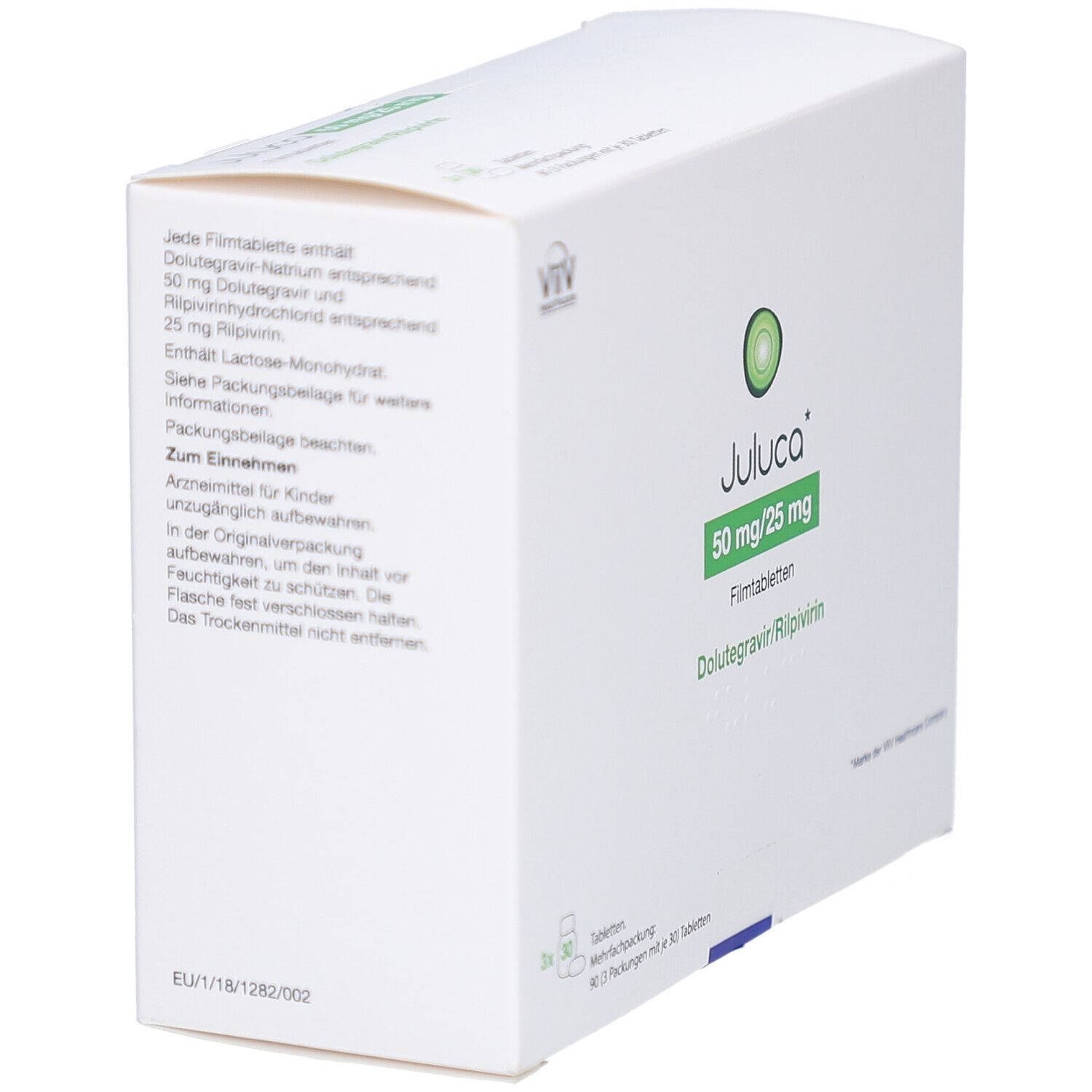 Weiße Faltschachtel mit Text. Aufschrift: Juluca 50 mg/25 mg Filmtabletten. Logo: ViiV Healthcare. Enthält Informationen.