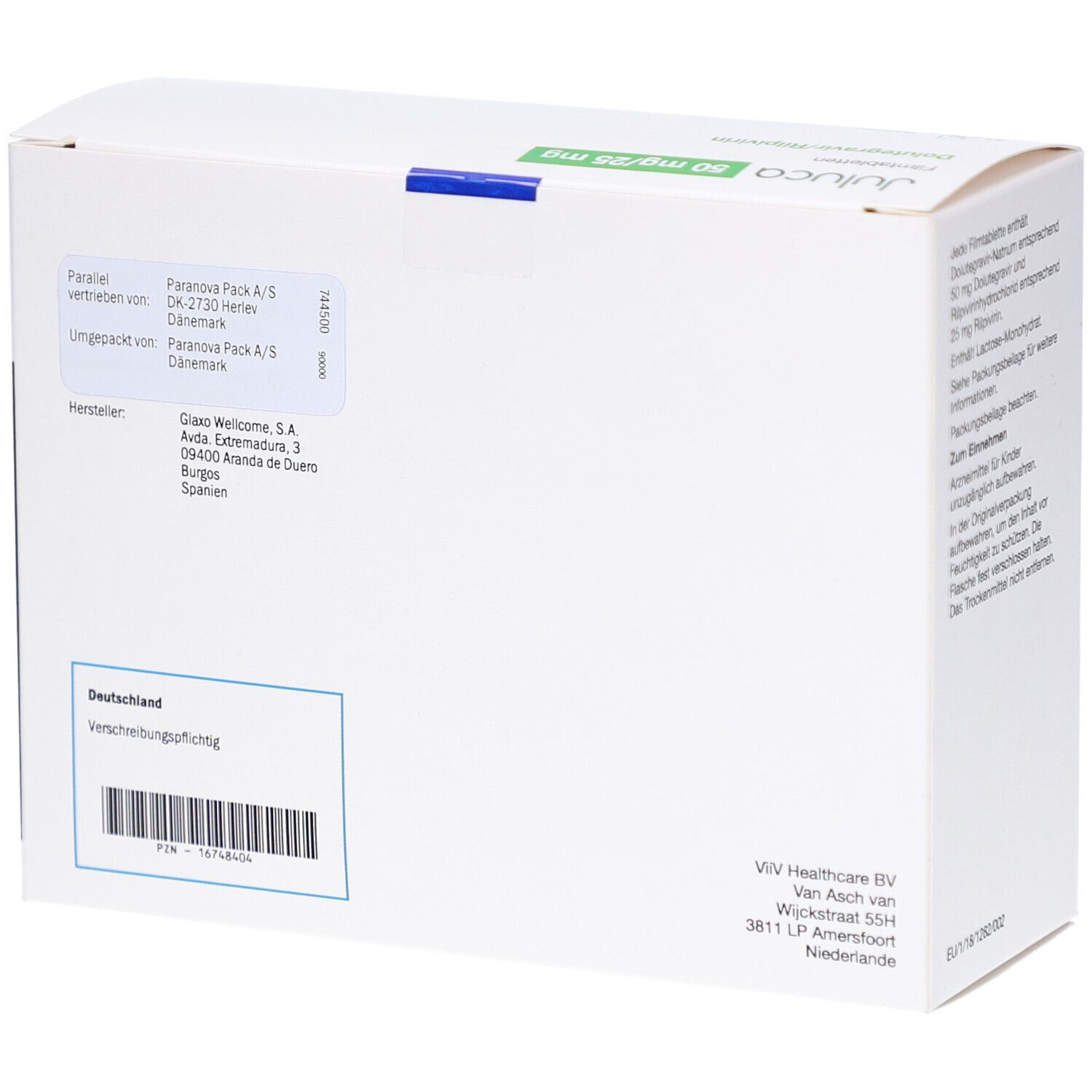 Weiße Faltschachtel mit Text und Barcode. Aufschrift: Juluca 50 mg/25 mg Filmtabletten. Logo: ViiV Healthcare. Herstellerinformationen.