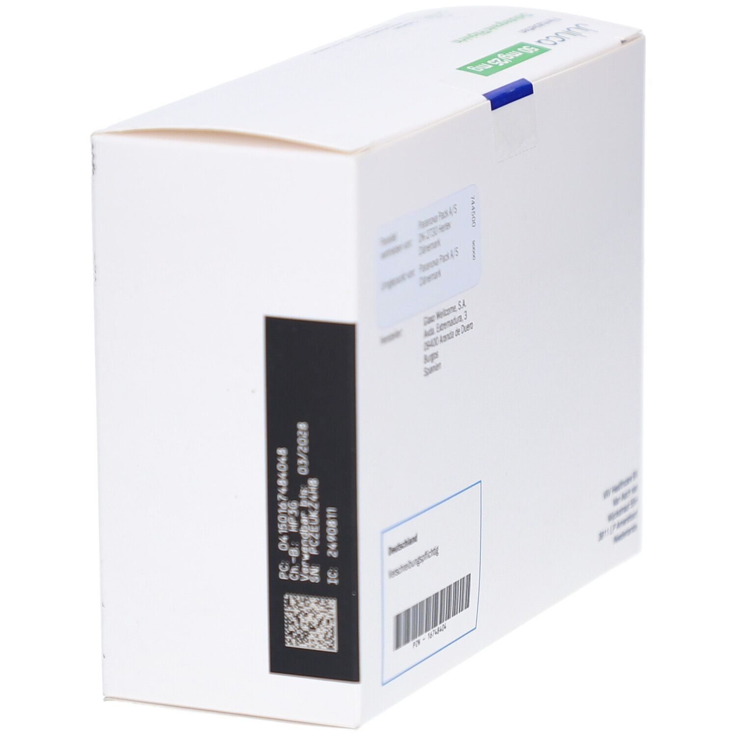 Weiße Faltschachtel mit Text und Barcode. Aufschrift: Juluca 50 mg/25 mg Filmtabletten. Logo: ViiV Healthcare. Chargennummer.