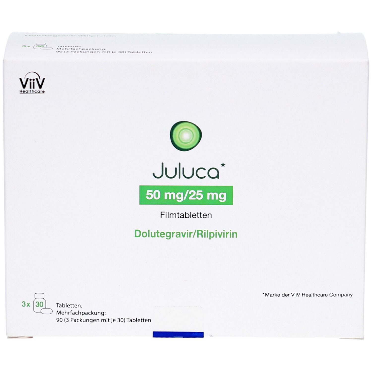 Weiße rechteckige Faltschachtel. Aufschrift: Juluca 50 mg/25 mg Filmtabletten. Logo: ViiV Healthcare. Mehrfachpackung.