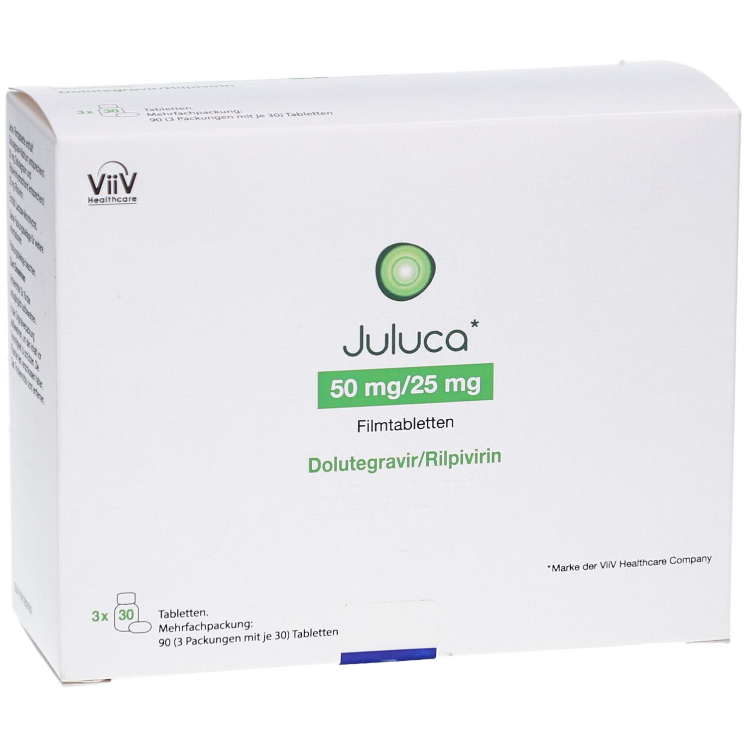 Weiße rechteckige Faltschachtel. Aufschrift: Juluca 50 mg/25 mg Filmtabletten. Logo: ViiV Healthcare. Mehrfachpackung.
