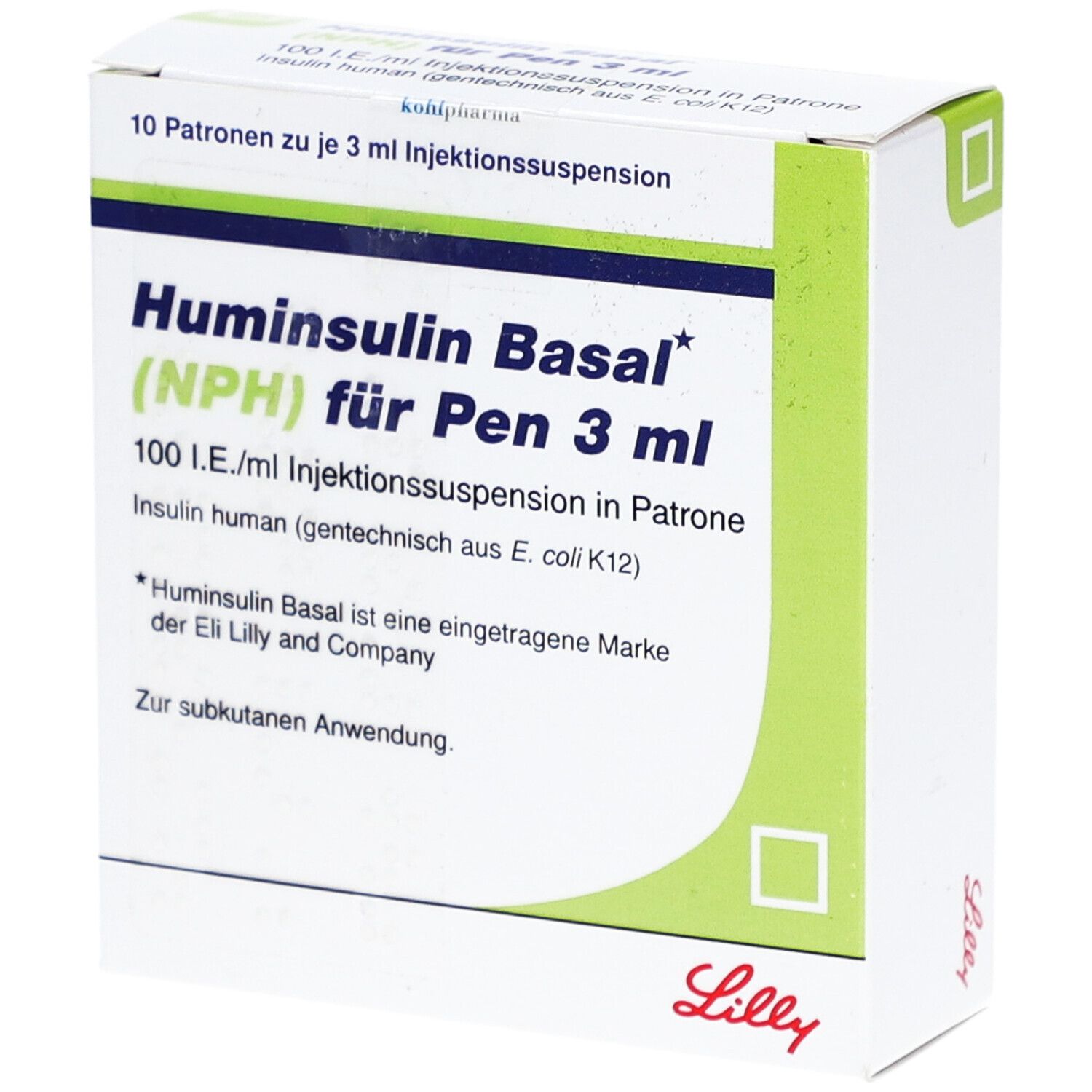 Weiße Verpackung mit grünen Akzenten. Beschriftung: Huminsulin Basal (NPH) für Pen 3 ml, 100 I.E./ml. Marke Lilly.