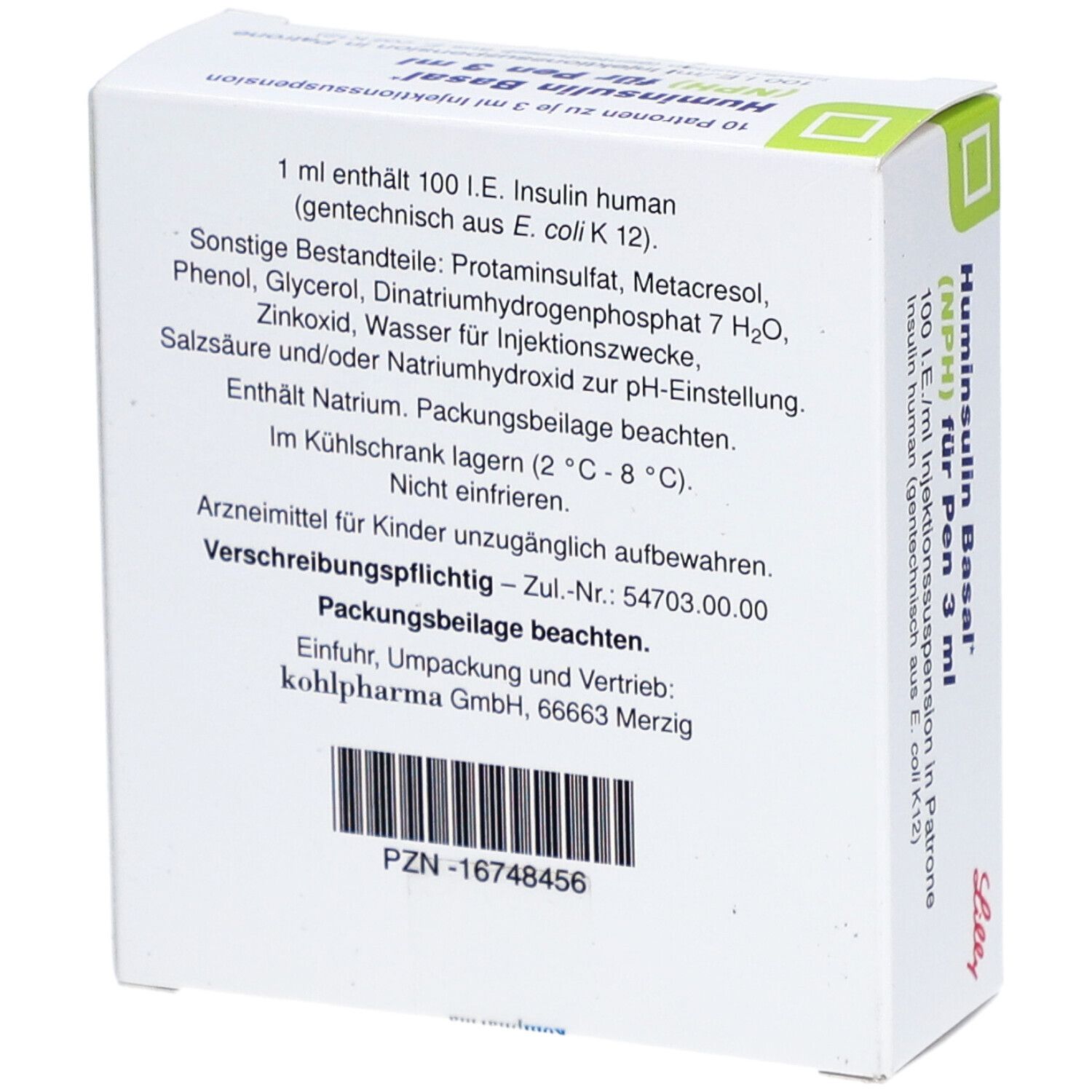 Weiße Verpackung, Rückseite. Text: Inhaltsstoffe, Lagerhinweise, Herstellerinformationen. PZN-16748456. Marke Lilly.