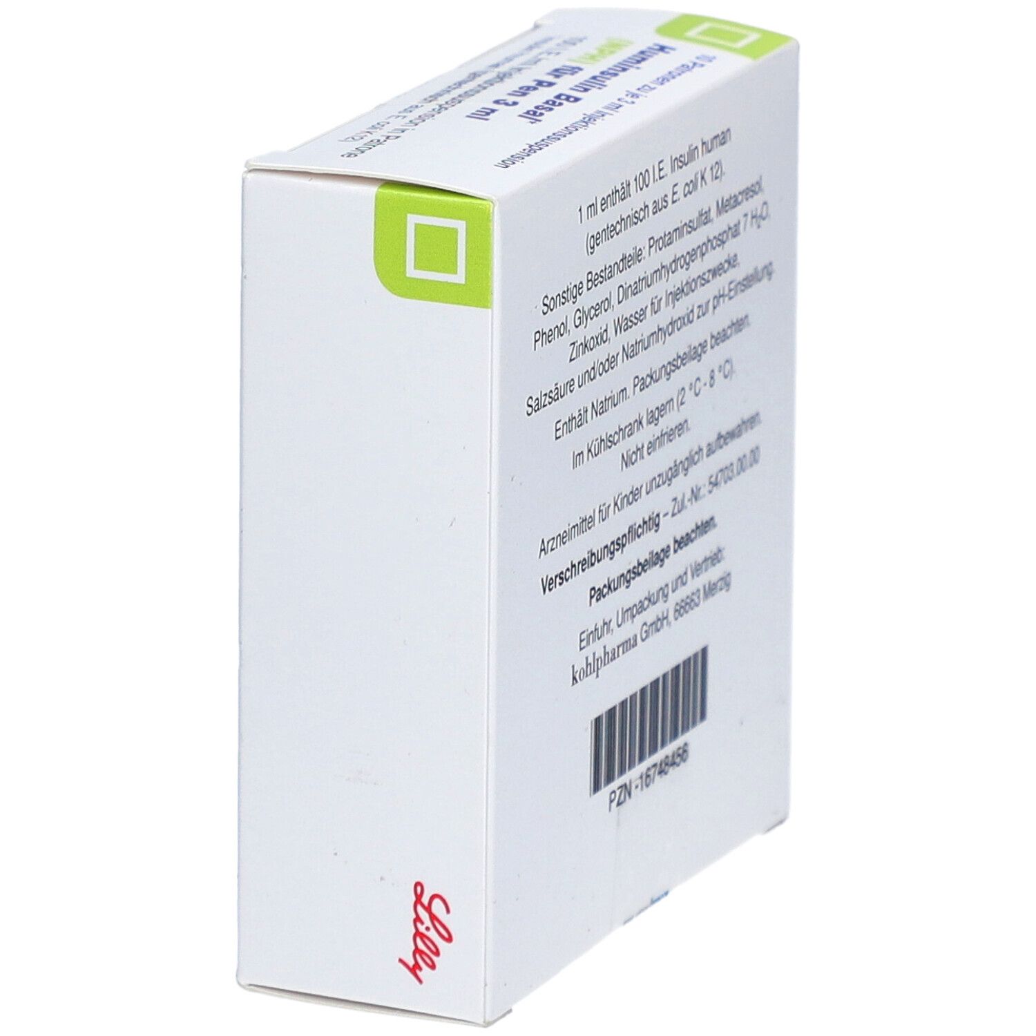 Schräg stehende weiße Verpackung, Rückseite. Text: Inhaltsstoffe, Lagerhinweise, Herstellerinformationen. PZN-16748456. Marke Lilly.