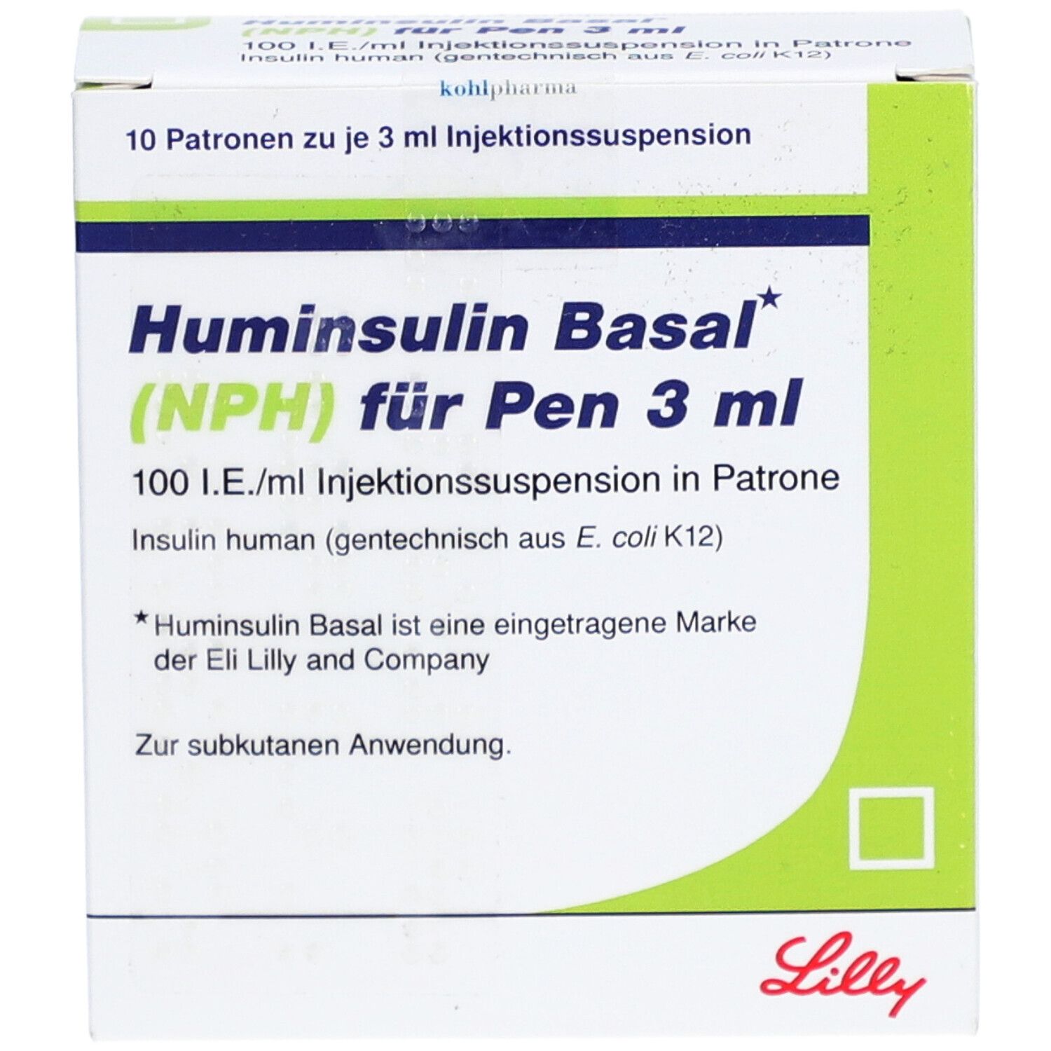 Weiße Verpackung mit grünen Akzenten. Beschriftung: Huminsulin Basal (NPH) für Pen 3 ml, 100 I.E./ml. Marke Lilly.