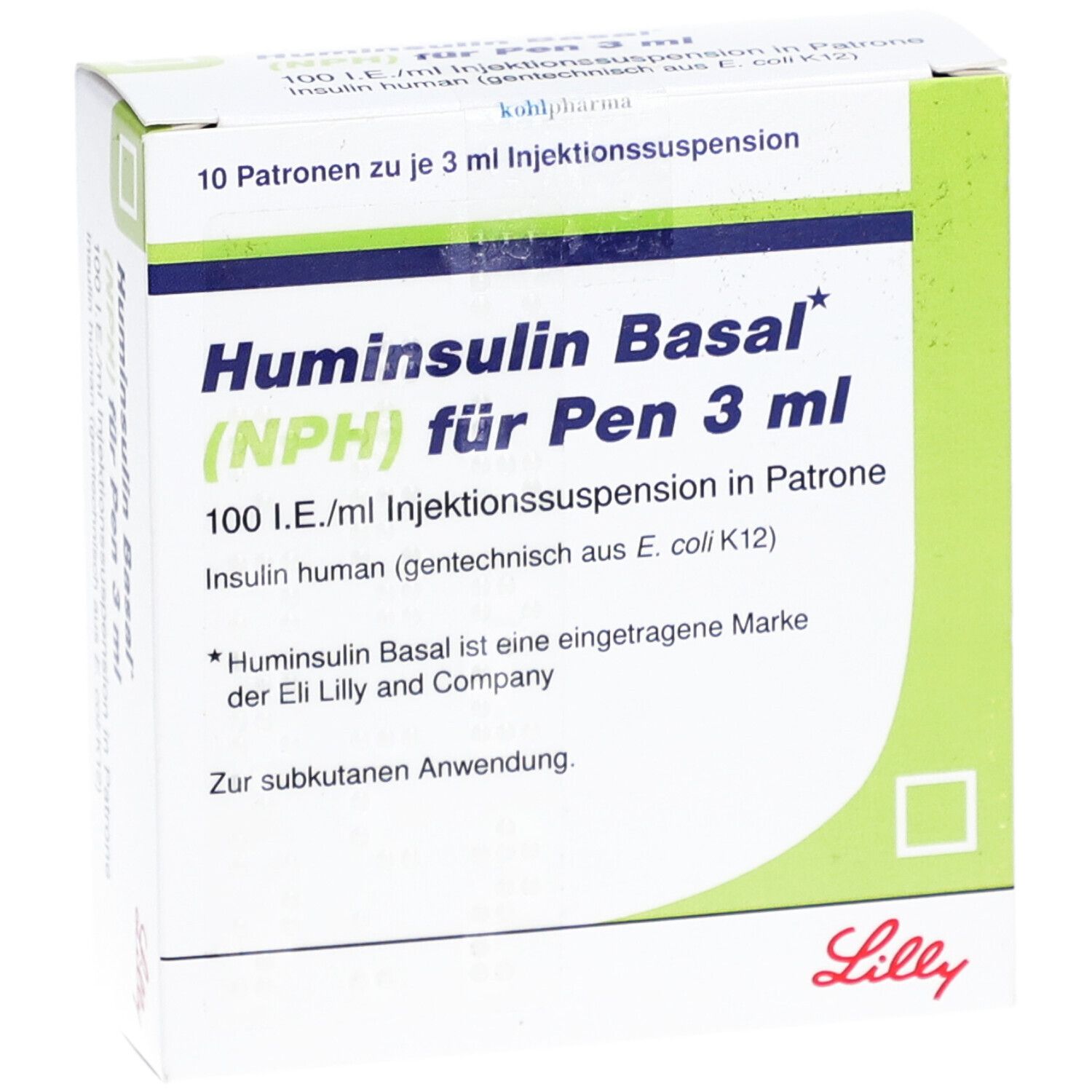 Weiße Verpackung mit grünen Akzenten. Beschriftung: Huminsulin Basal (NPH) für Pen 3 ml, 100 I.E./ml. Marke Lilly.