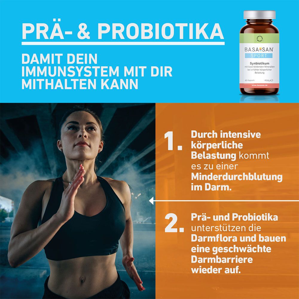 Frau beim Laufen. Oben rechts: Produktflasche. Text: Prä- & Probiotika. Damit dein Immunsystem mit dir mithalten kann.