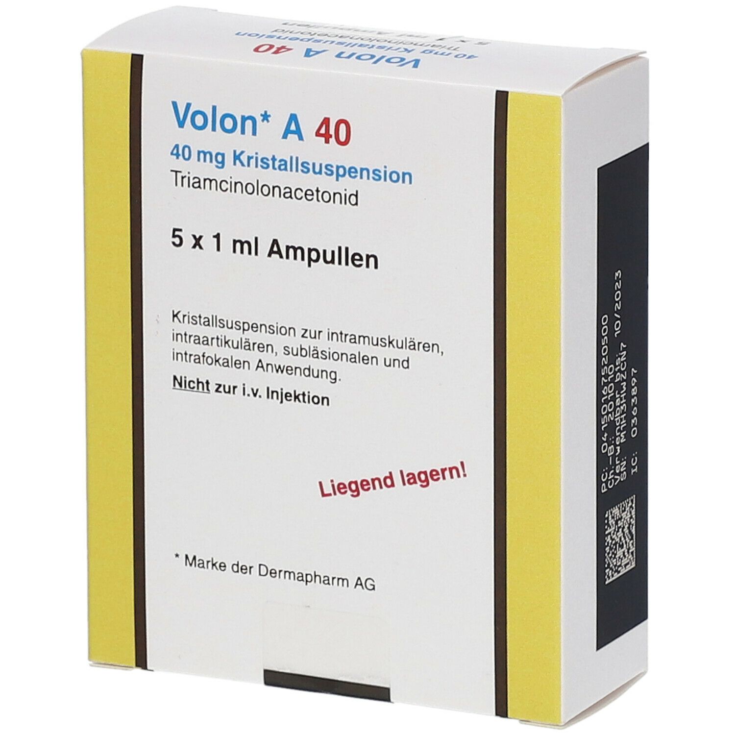 Karton mit Volon A 40. Enthält 5 Ampullen. Aufschrift: 40 mg Kristallsuspension Triamcinolonacetonid. Nicht zur i.v. Injektion.