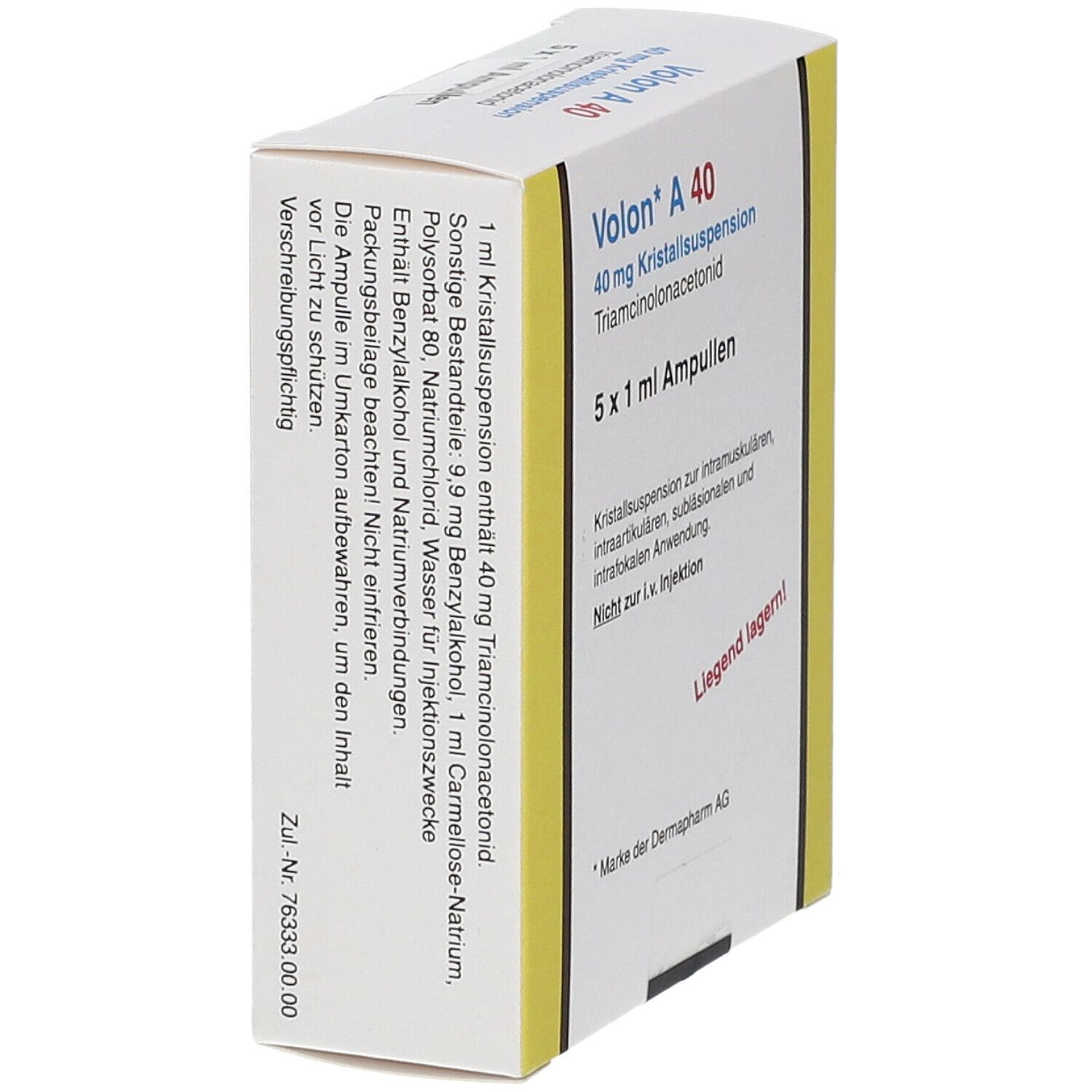 Karton von Volon A 40. Aufschrift: 40 mg Kristallsuspension Triamcinolonacetonid. Enthält 5 Ampullen. Text über Inhaltsstoffe und Anwendung.