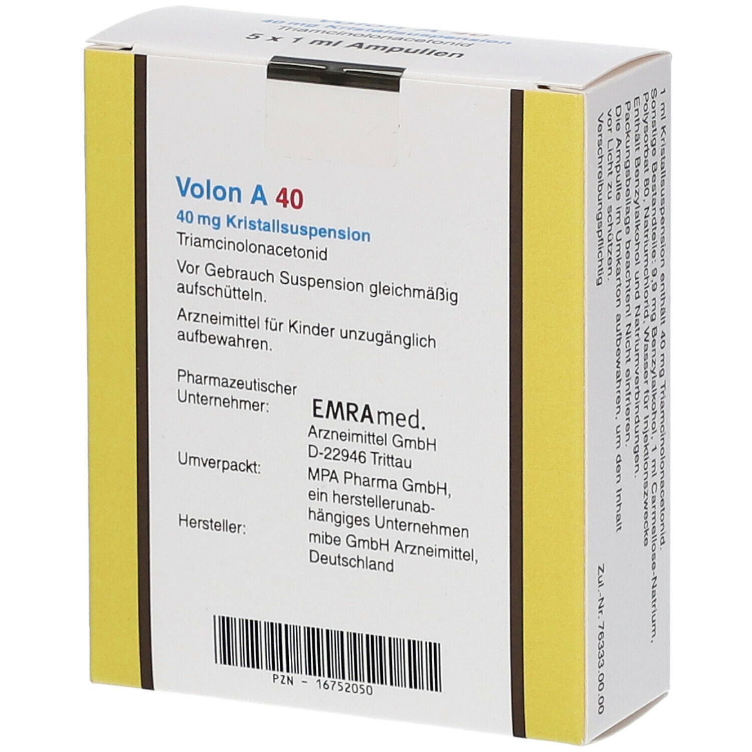 Rückseite der Volon A 40-Verpackung. Enthält Informationen über Hersteller, pharmazeutischen Unternehmer und Chargennummer.