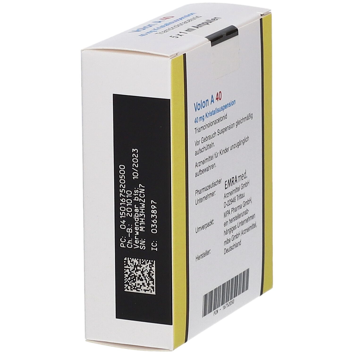 Seitenansicht des Kartons von Volon A 40. Enthält 5 Ampullen. Aufschrift: 40 mg Kristallsuspension, Triamcinolonacetonid. Chargennummer und Verfallsdatum.
