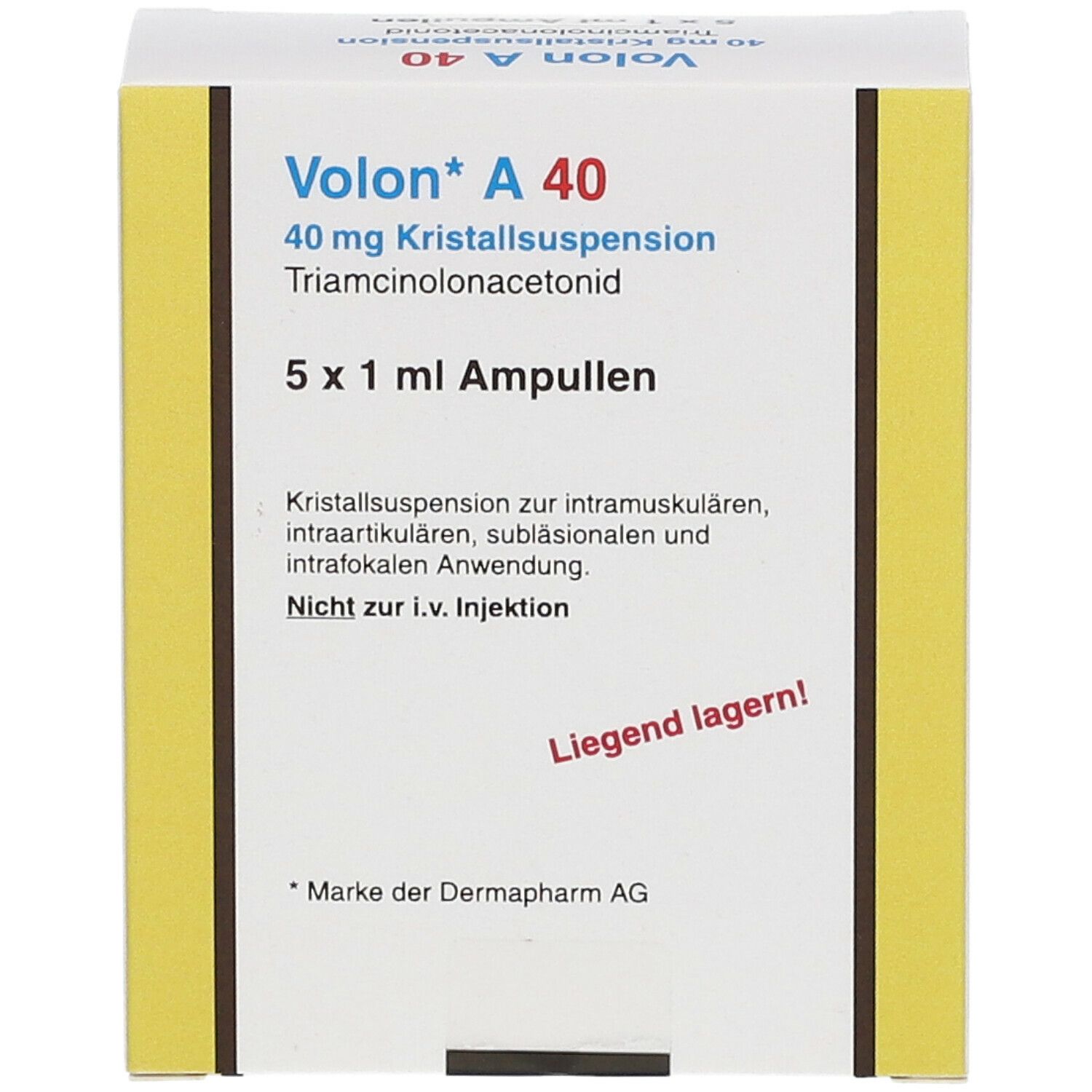 Volon A 40-Verpackung. Aufschrift: 40 mg Kristallsuspension Triamcinolonacetonid. Enthält 5 Ampullen. Text über Anwendung und Lagerung.