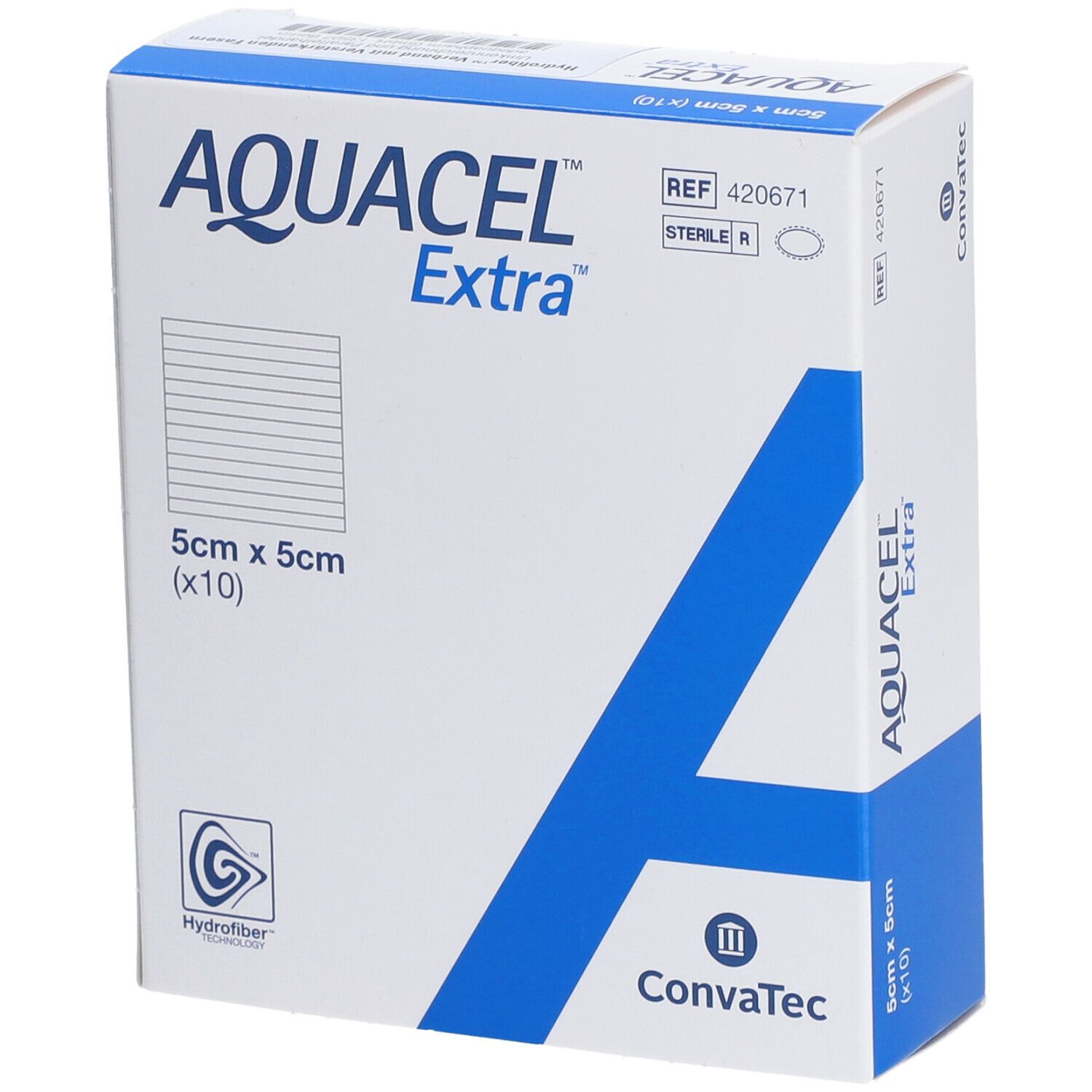 Verpackung von AQUACEL Extra Wundauflage. 5x5cm, 10 Stück. Hydrofiber-Technologie. ConvaTec-Logo.