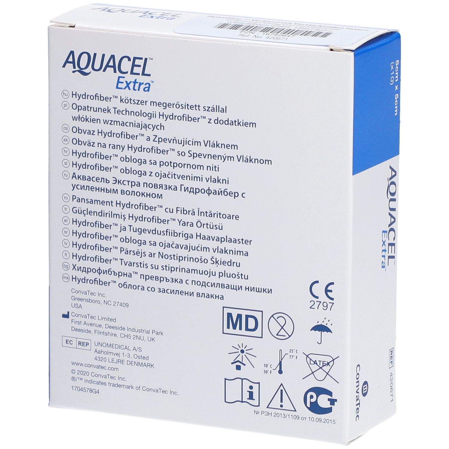 Rückseite der AQUACEL Extra Verpackung. Mehrsprachige Produktinformationen. CE-Kennzeichnung. ConvaTec.
