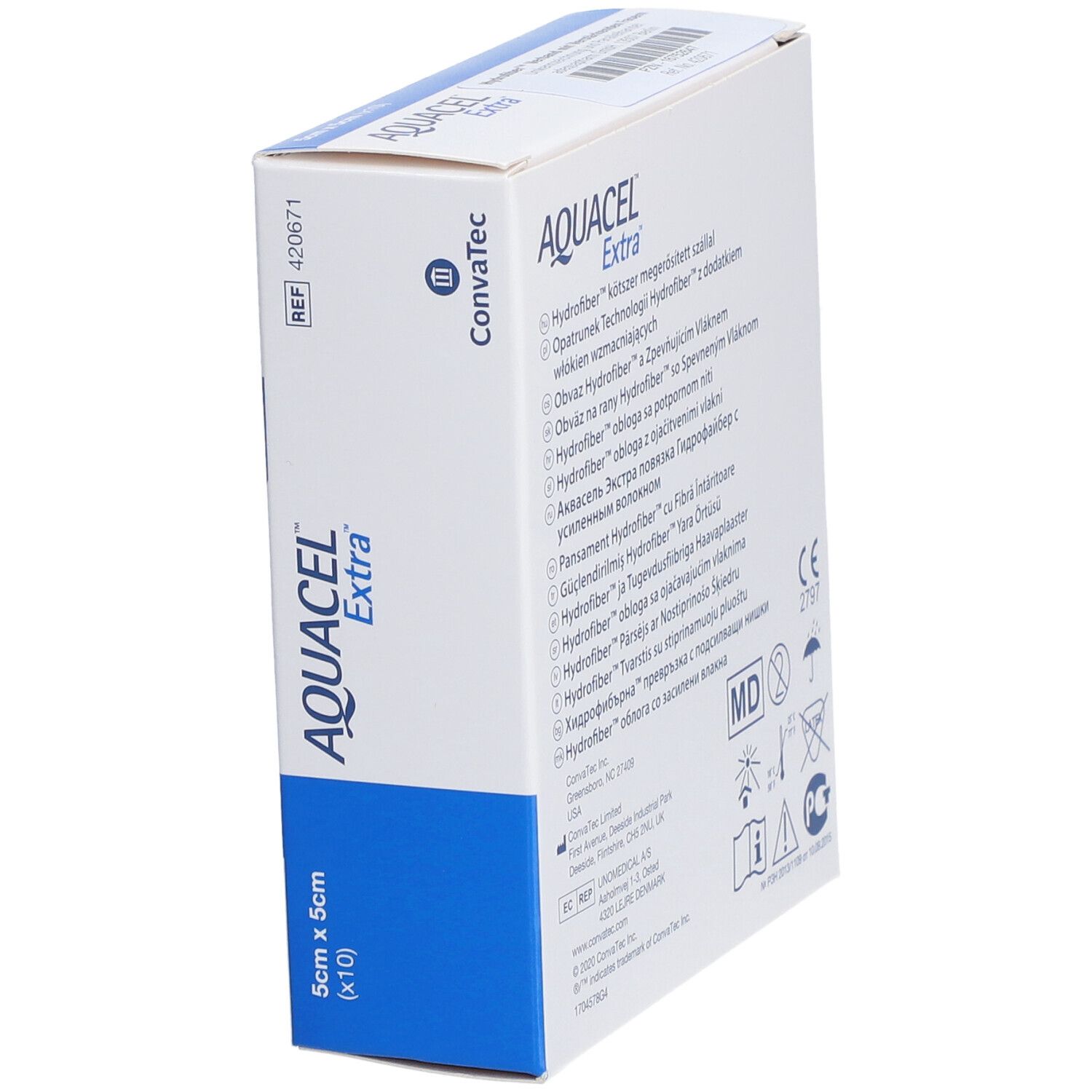 AQUACEL Extra Verpackung, schräg. 5x5cm, 10 Stück. ConvaTec-Logo. Hydrofiber-Technologie. Blaue Akzente.