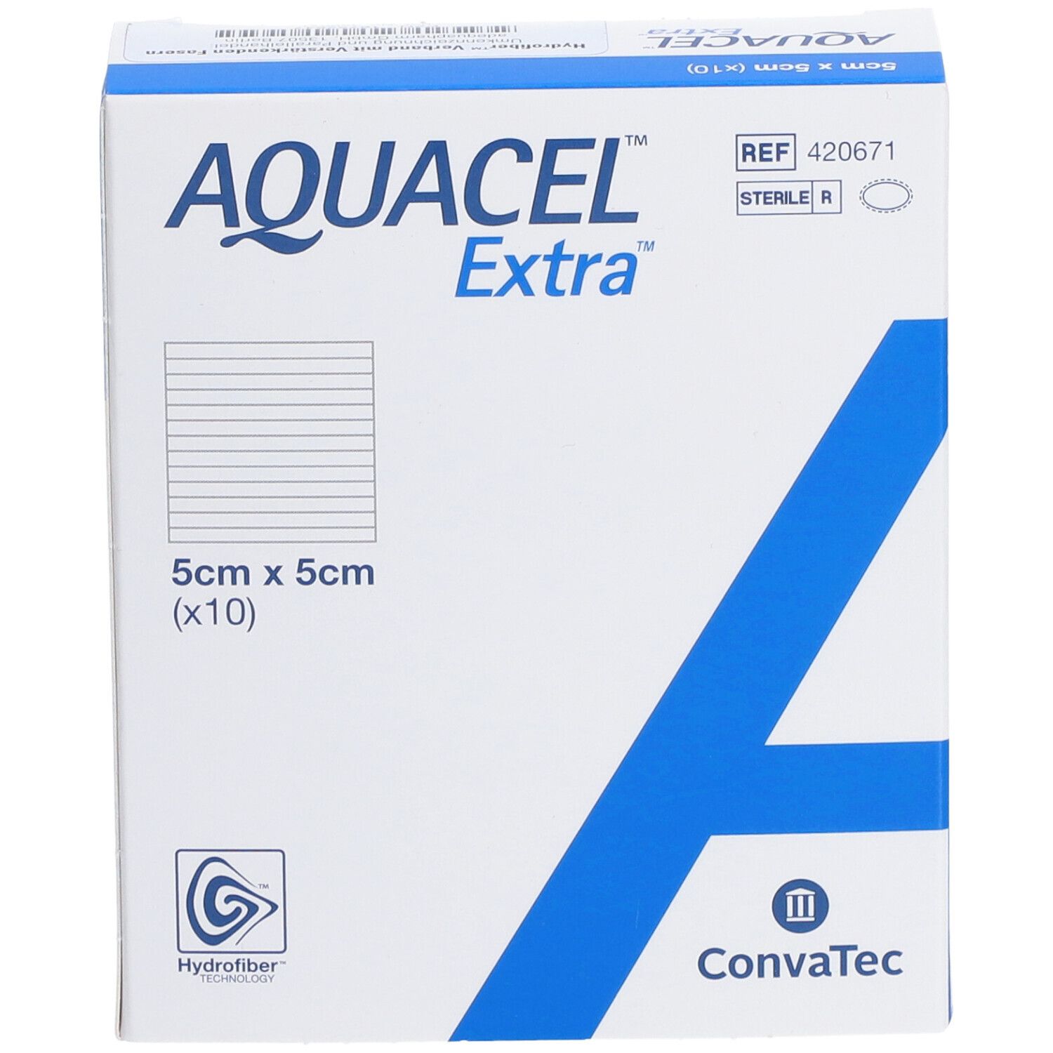 AQUACEL Extra Verpackung. 5x5cm, 10 Stück. Hydrofiber-Technologie. ConvaTec-Logo. Sterile Kennzeichnung.