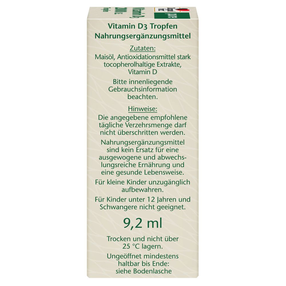 Rückseite der Schachtel mit Doppelherz pure Vitamin D3 2000 I.E. Tropfen. Informationen zu Inhaltsstoffen und Anwendung.