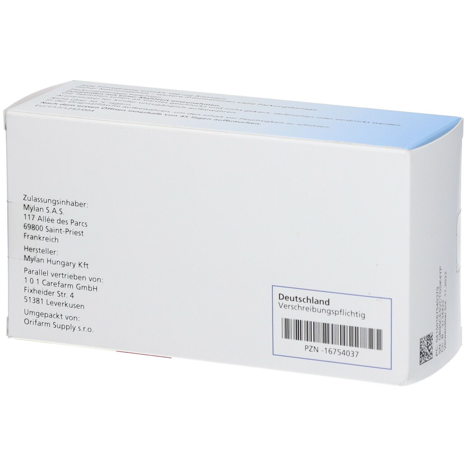 Rückseite der Ritonavir Mylan 100 mg Packung. Hersteller- und Vertriebsinformationen. Barcode und Text.