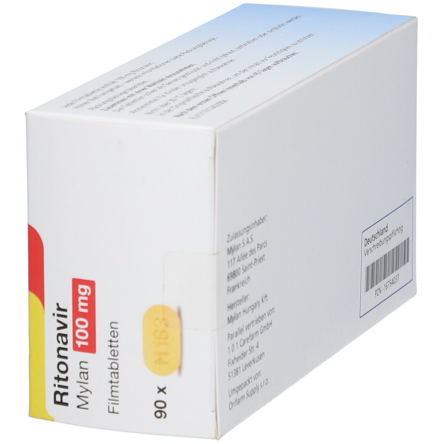 Schrägansicht der Ritonavir Mylan 100 mg Packung. 90 Tabletten. Mylan-Logo. Gelbe und rote Akzente.