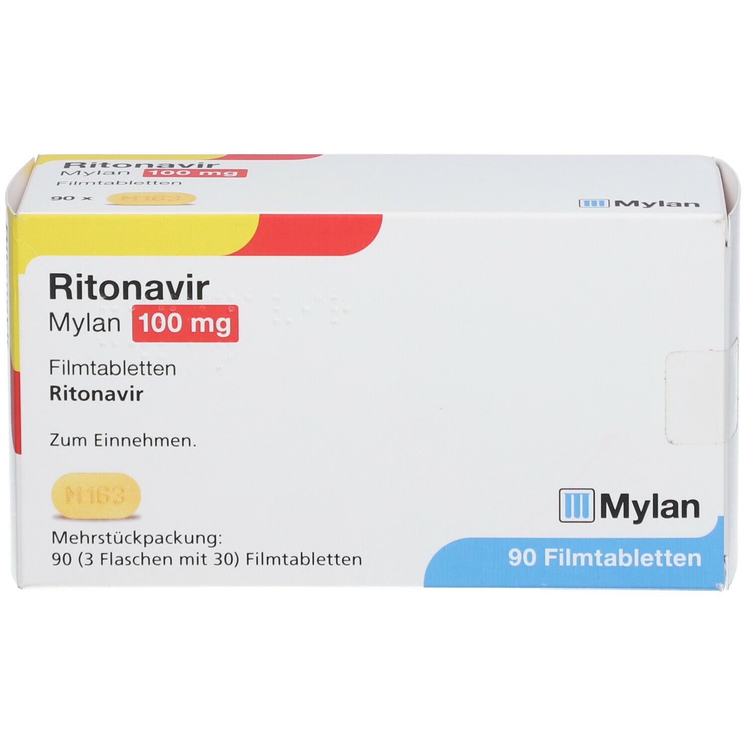 Ritonavir Mylan 100 mg Packung. 90 Filmtabletten. Mylan-Logo. Gelbe und rote Akzente. Zum Einnehmen.