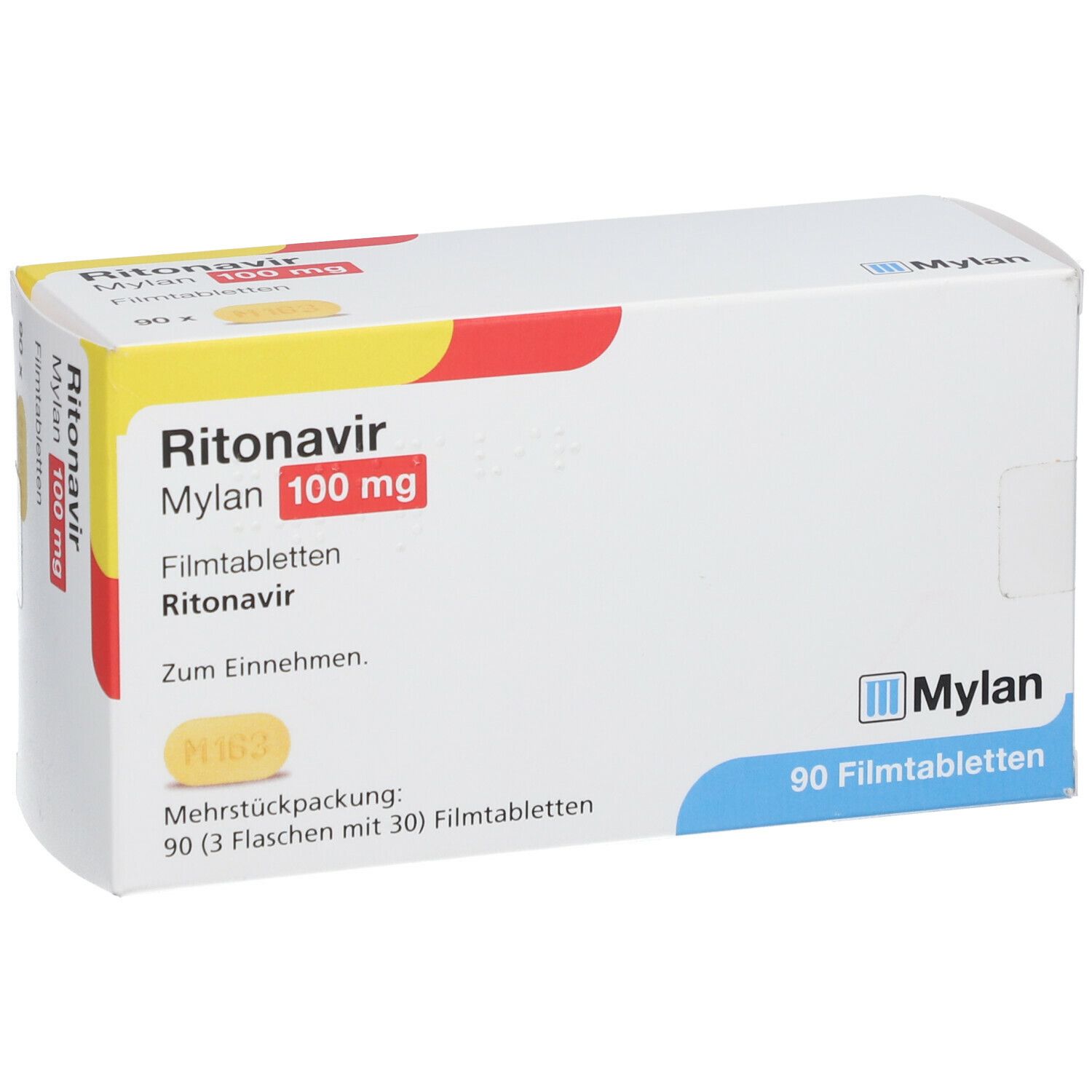 Ritonavir Mylan 100 mg Packung. 90 Filmtabletten. Mylan-Logo. Gelbe und rote Akzente. Zum Einnehmen.
