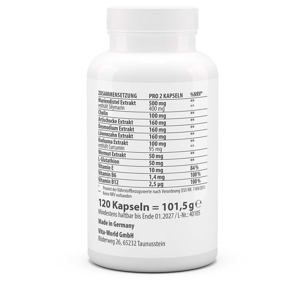 Rückseite der weißen Flasche. Auflistung der Inhaltsstoffe und Nährwerte. 120 Kapseln. Hergestellt in Deutschland.