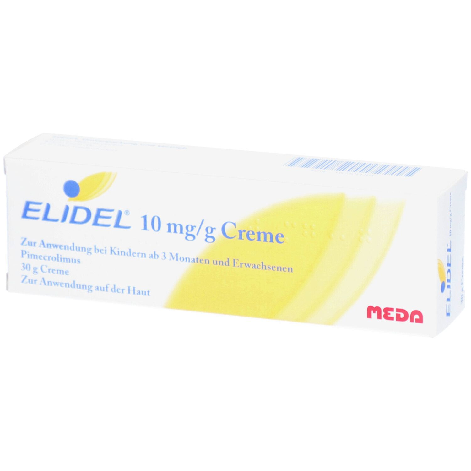 ELIDEL® 10 mg/g Creme-Verpackung. Weißer Karton mit gelbem Design. Text: ELIDEL, 10 mg/g Creme, MEDA.